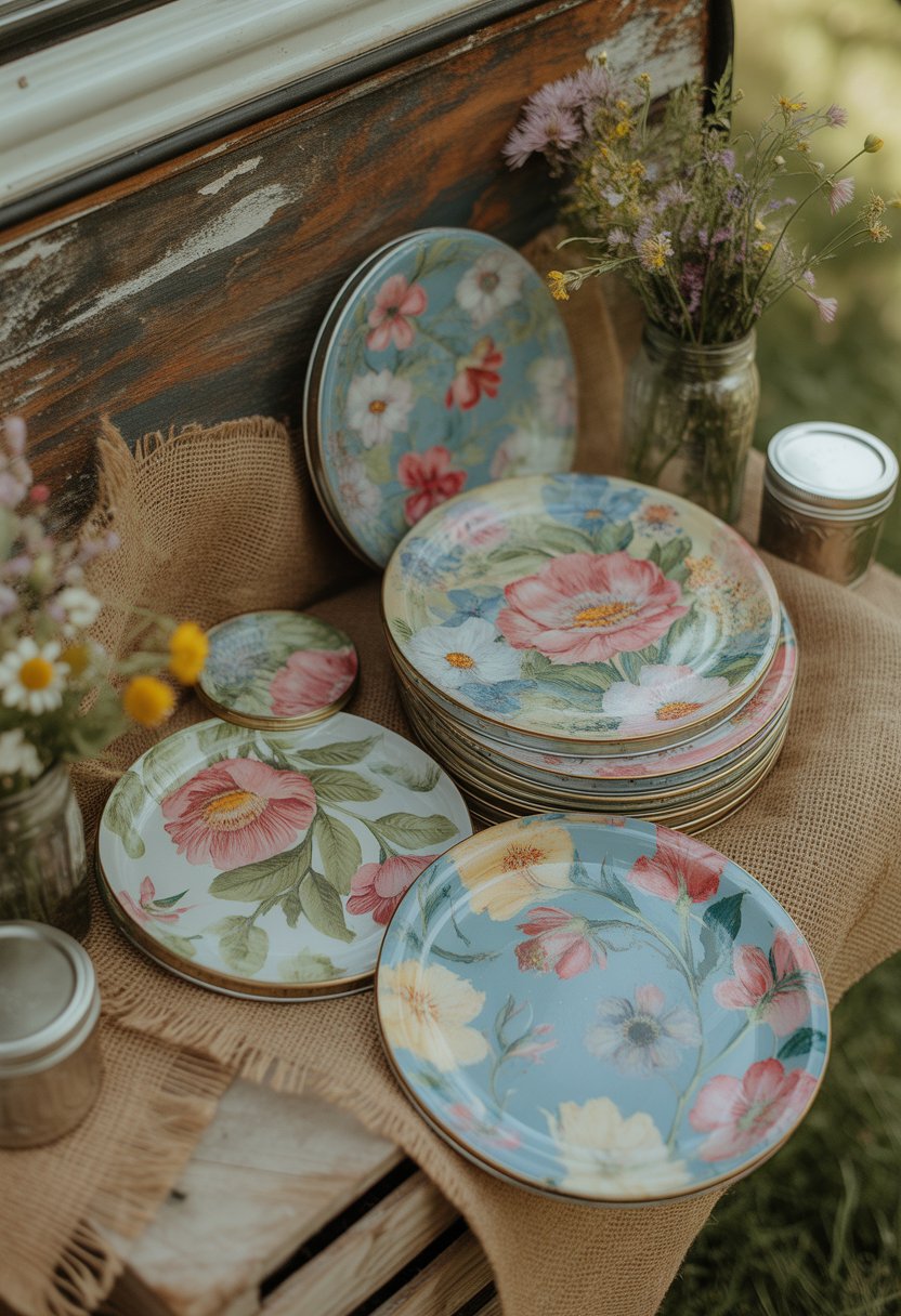 A collection of hand-painted floral tin plates displayed on a rustic wooden surface with wildflowers and natural lighting.