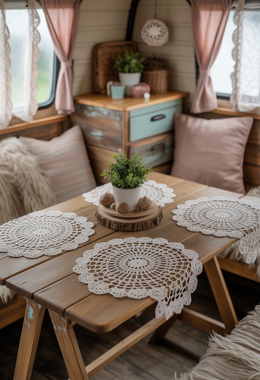 A wooden table inside a camper covered with crocheted doily tablecloths surrounded by rustic decor and soft natural light.