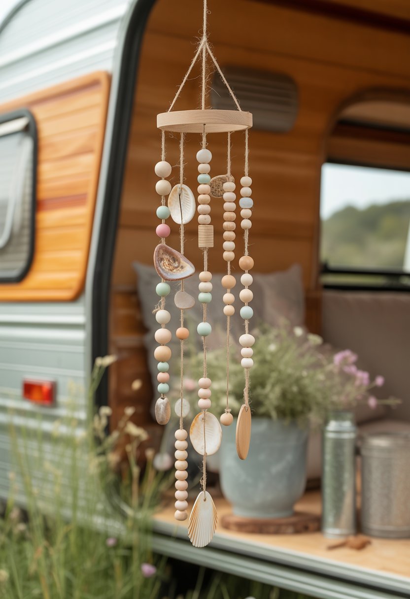 Delicate beaded wind chimes hanging outdoors with a rustic camper background and wildflowers.