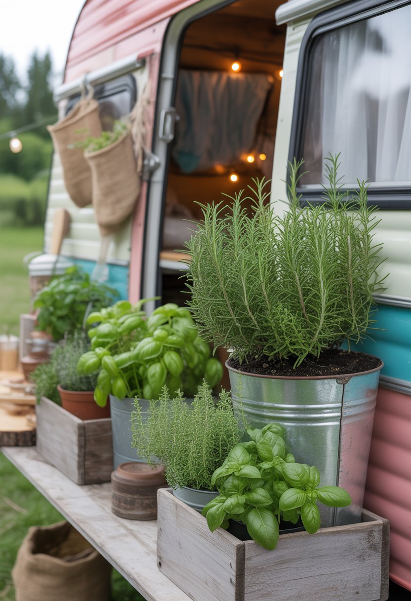 A camper herb garden with rosemary and other herbs growing in rustic wooden and metal containers outdoors.