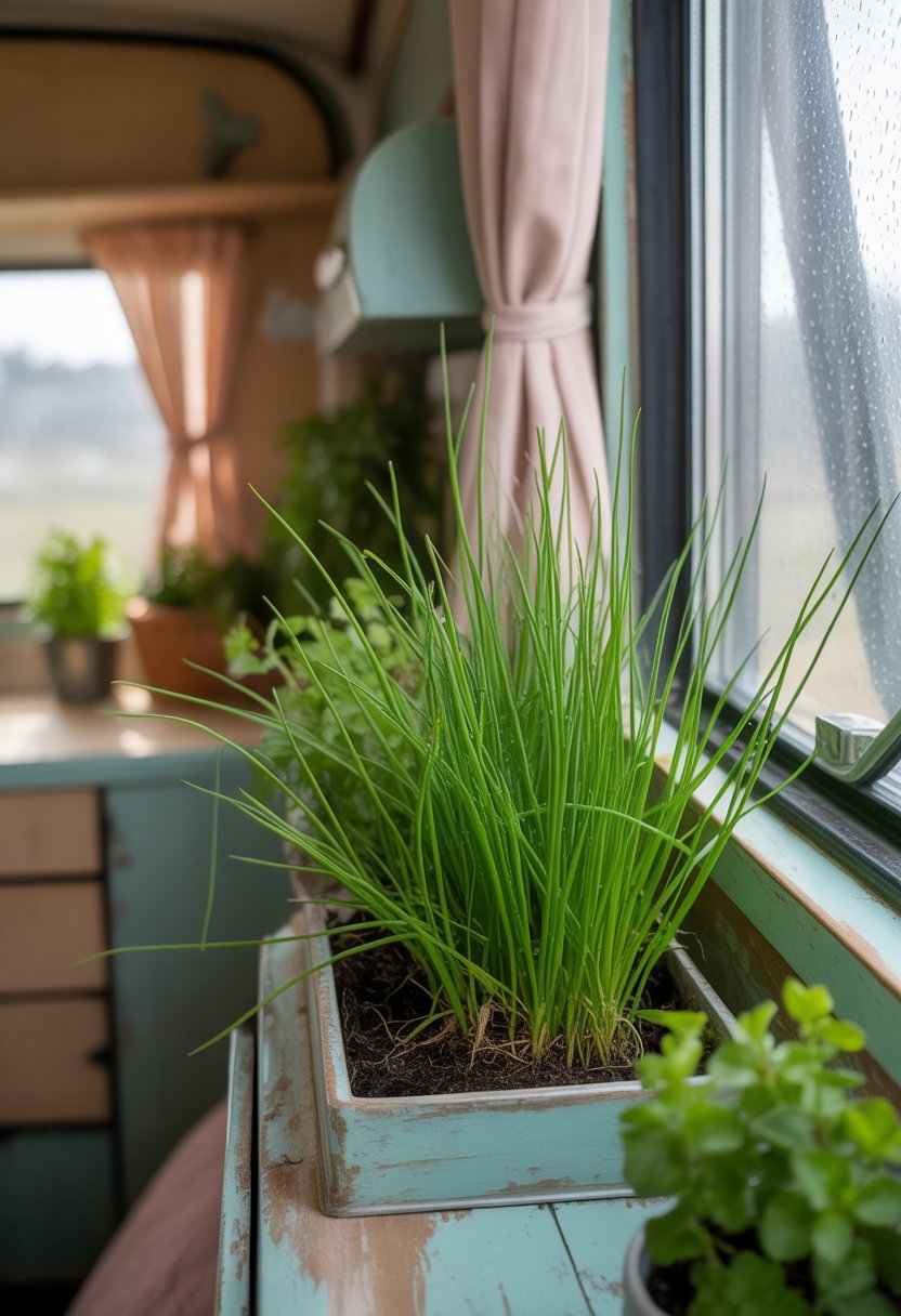 Fresh green chives growing in a small planter inside a camper with vintage decor.
