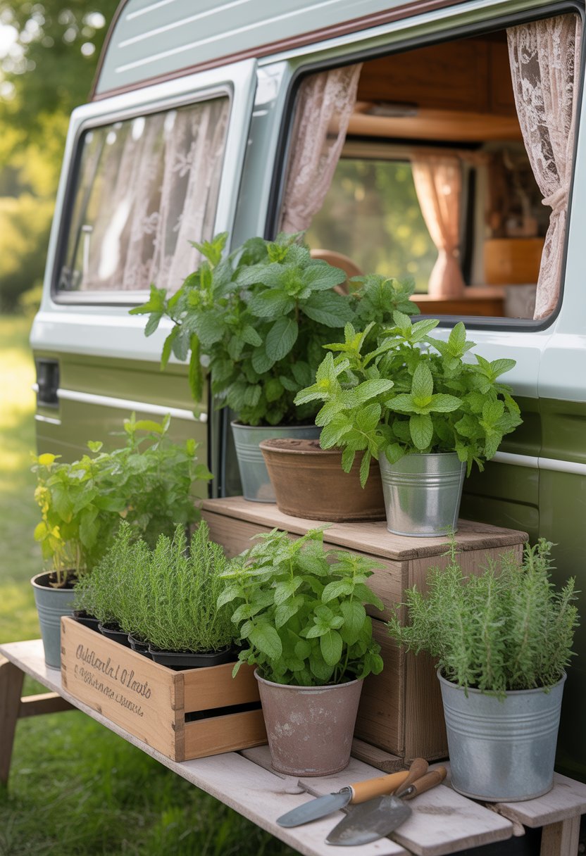 A rustic camper van surrounded by potted herb plants including fresh mint, arranged outdoors with sunlight and gardening tools nearby.