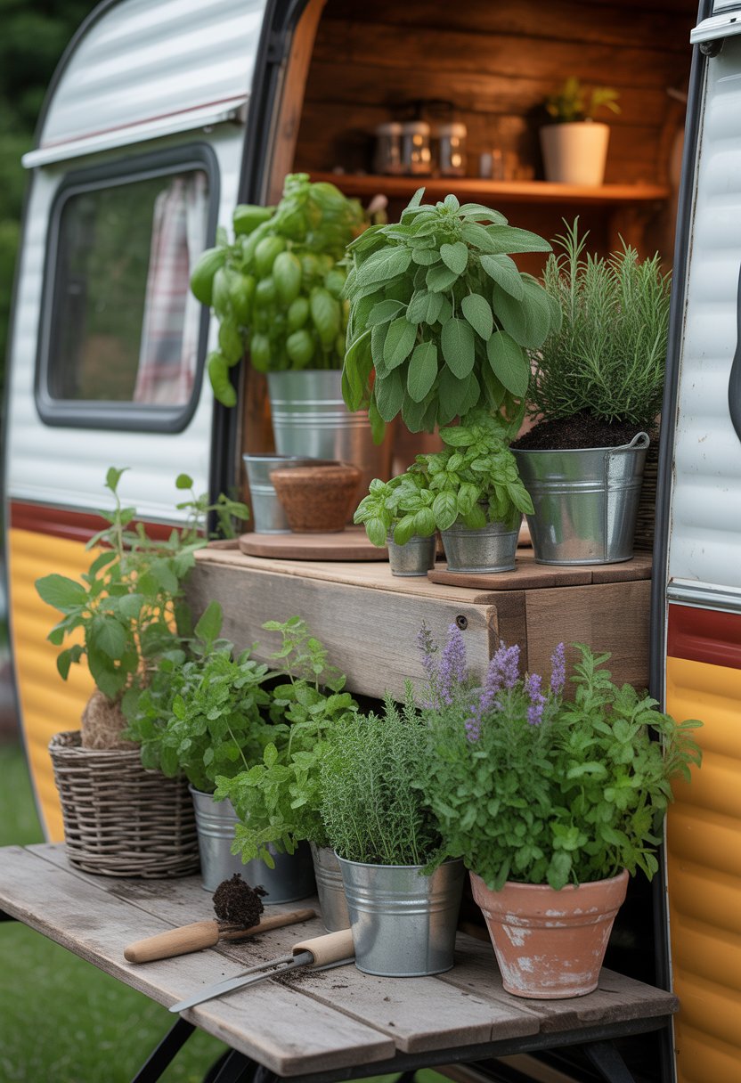 A camper herb garden with various green plants in pots and containers arranged on rustic wooden surfaces.