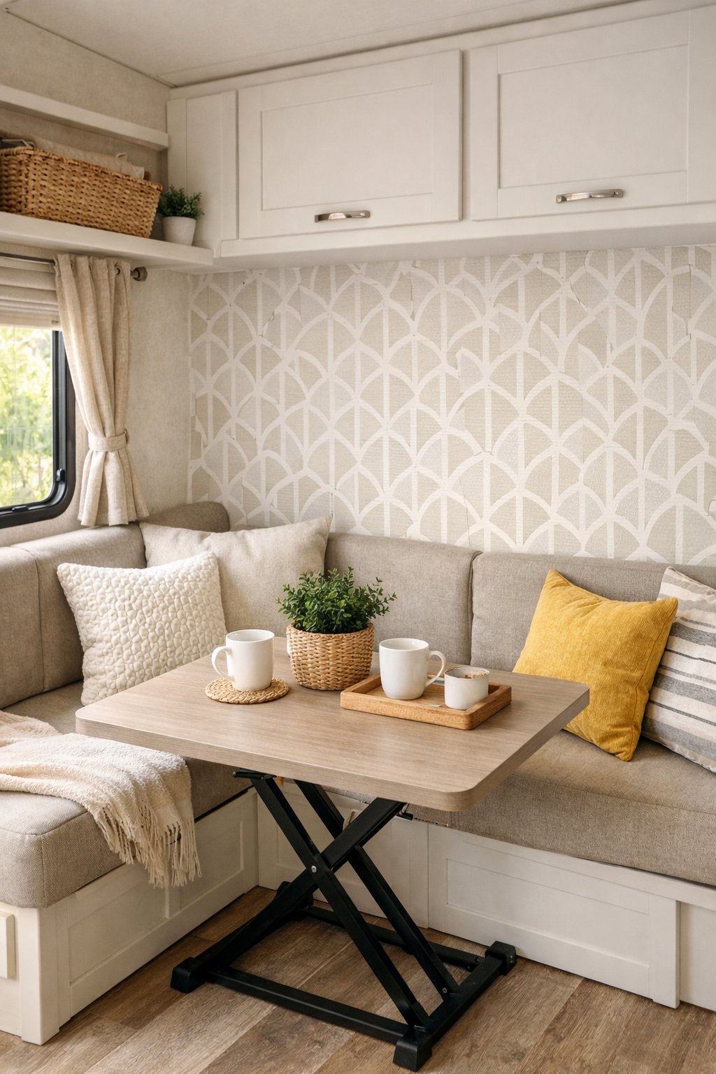 Interior of an RV with a removable wallpaper accent wall and a small seating area.