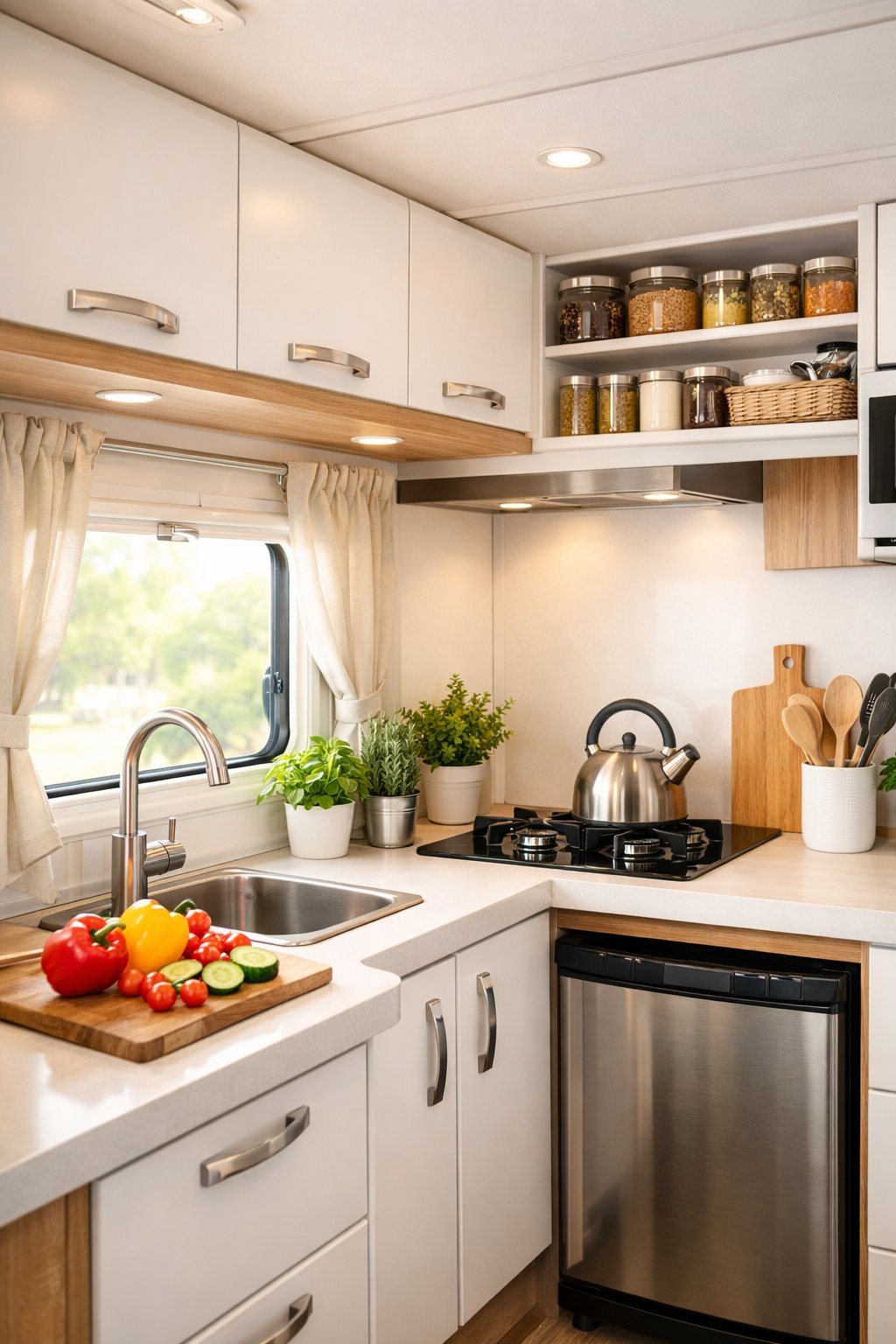 Interior of a modern RV kitchen with white cabinets, a sink, stovetop, fresh herbs, and natural light coming through a window.