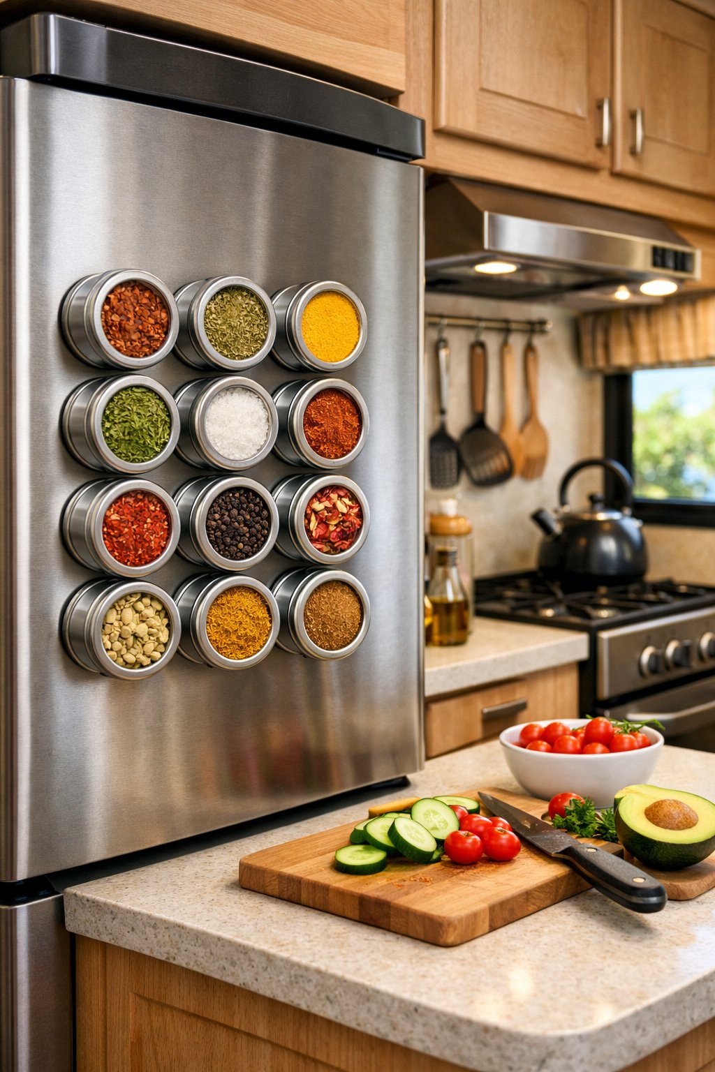 Interior of an RV kitchen with magnetic spice tins attached to a metal surface and cooking utensils on the countertop.