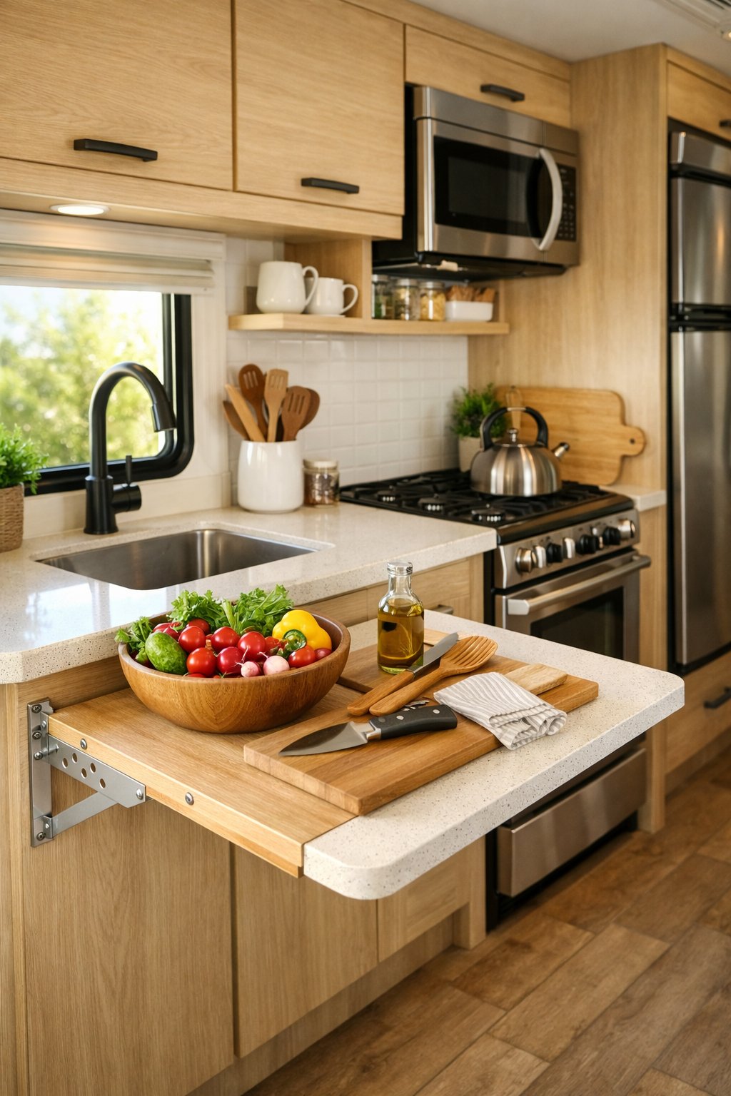 Interior of an RV kitchen with a fold-down countertop extension providing extra workspace, featuring cabinets, stove, sink, and kitchen items.