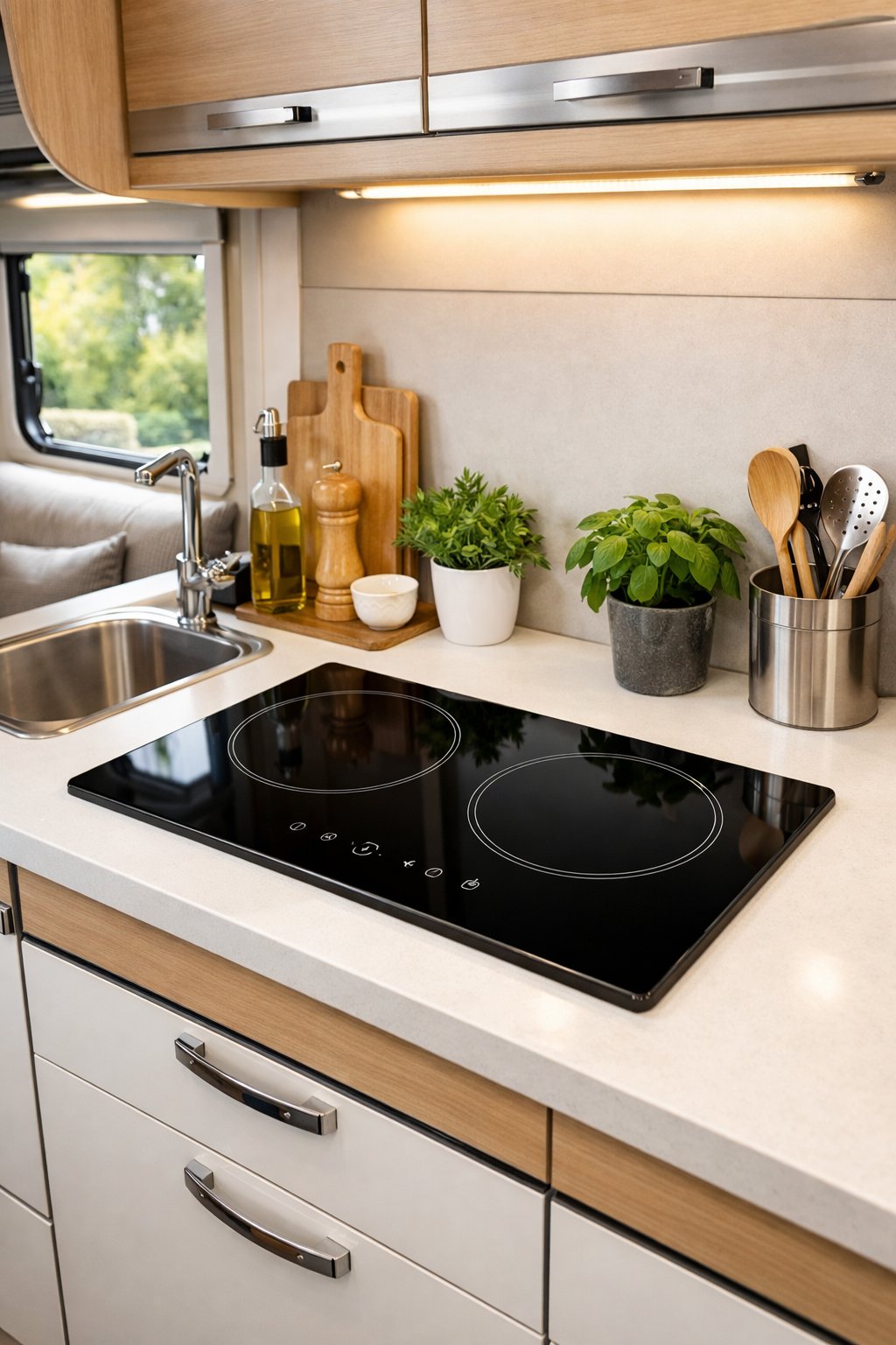 A modern RV kitchen with a compact induction cooktop on a clean countertop, surrounded by kitchen accessories and natural light from windows.