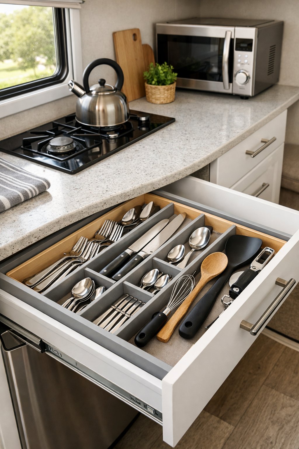 Open RV kitchen drawer with neatly organized cutlery using dividers in a compact kitchen space.