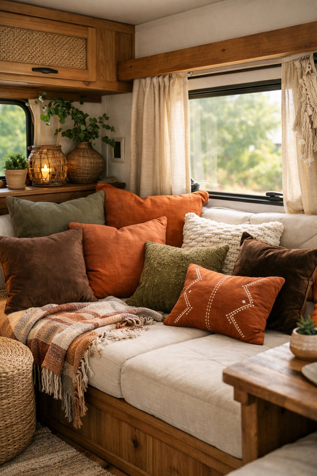 Cozy RV seating area with warm earthy toned throw pillows, wooden accents, and plants illuminated by natural light.