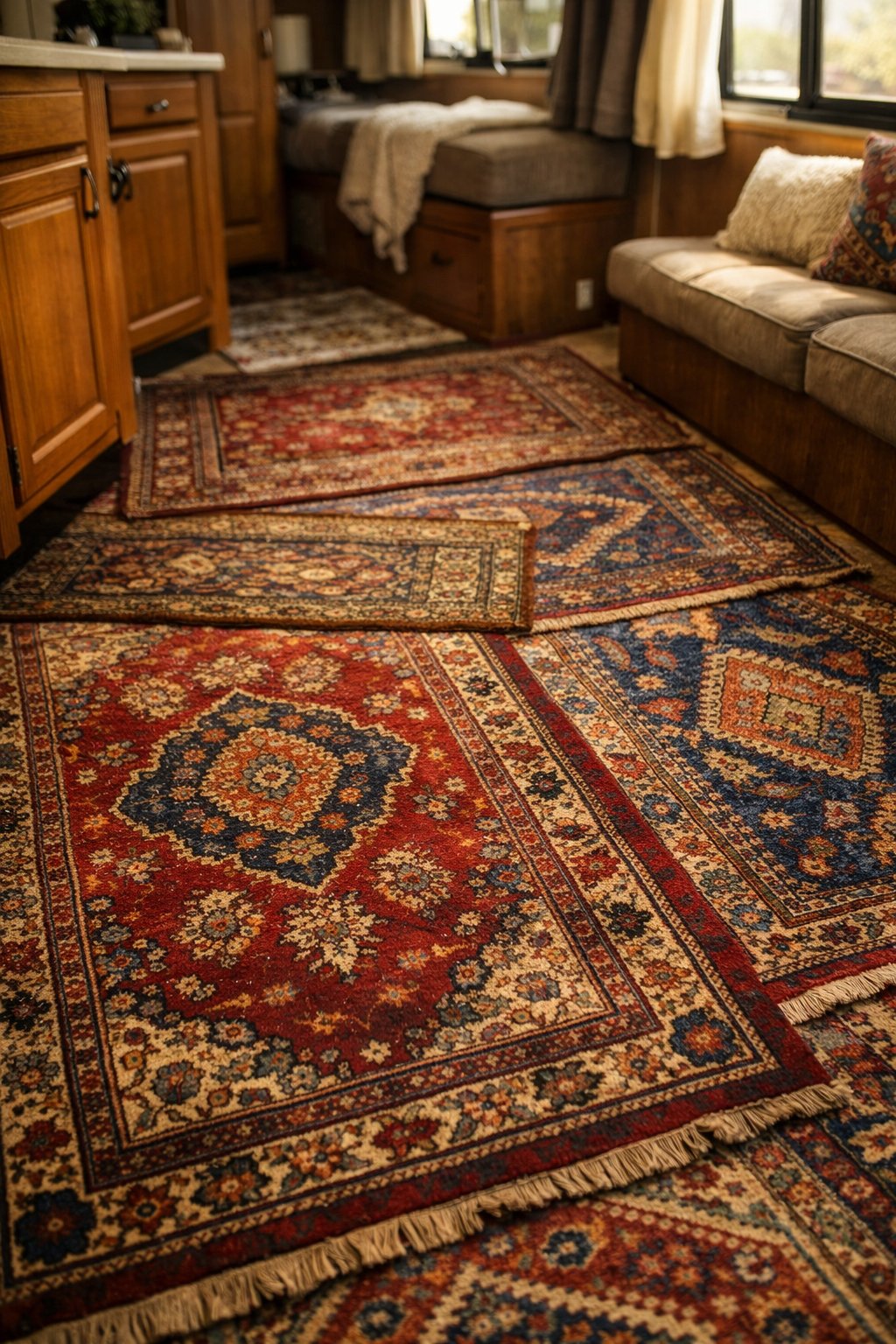 Interior floor of an RV covered with layered vintage Persian rugs and partial view of furniture.