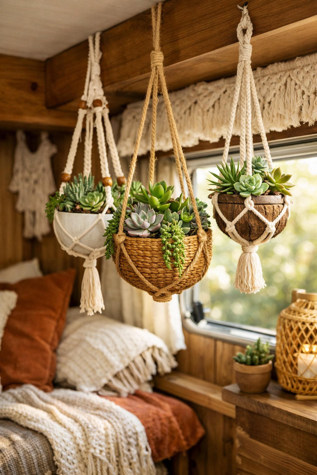 Interior of an RV with hanging planters filled with succulents near a sunlit window and warm wooden decor.