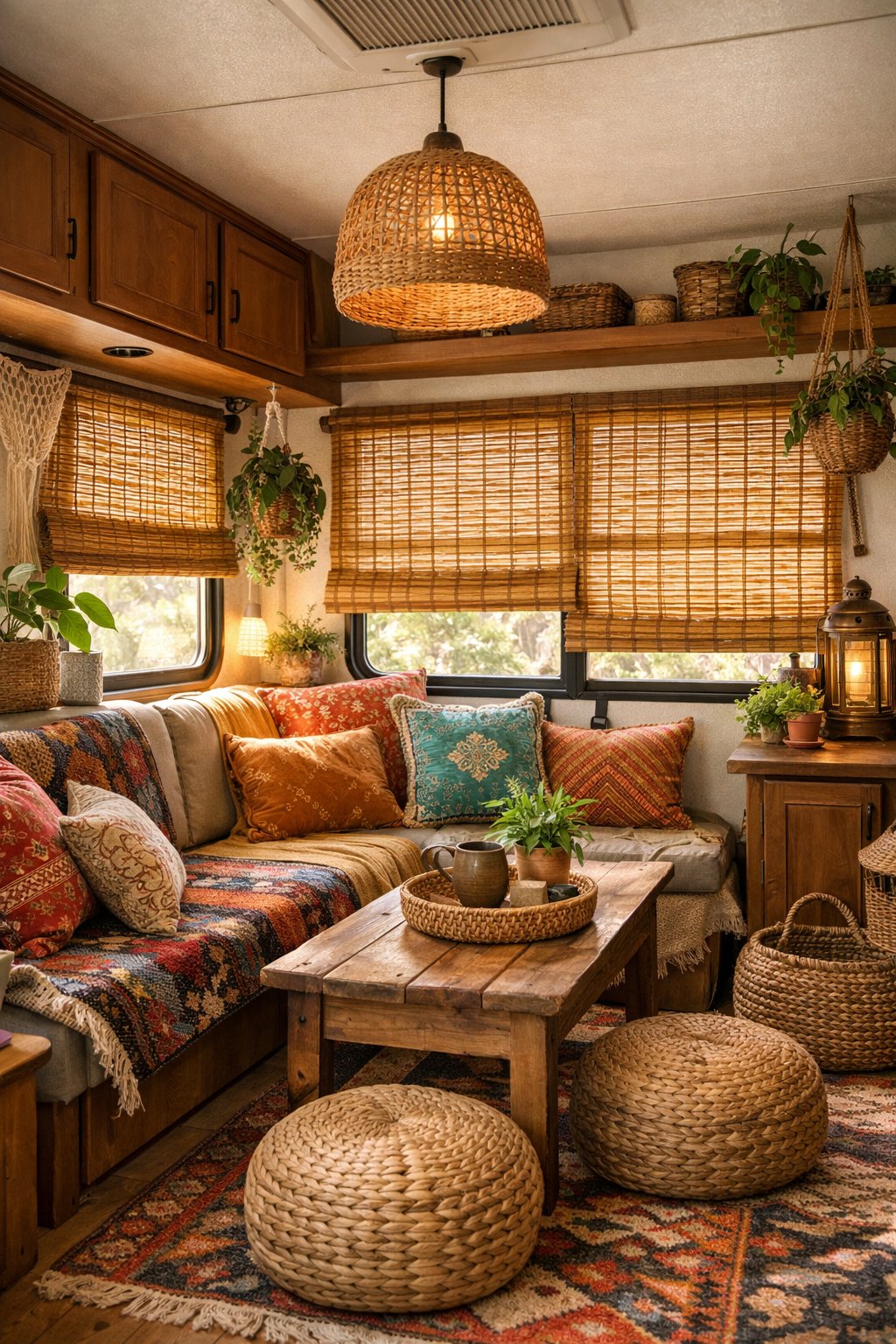 Interior of a cozy RV with bamboo window shades, colorful cushions, plants, and wooden furniture.