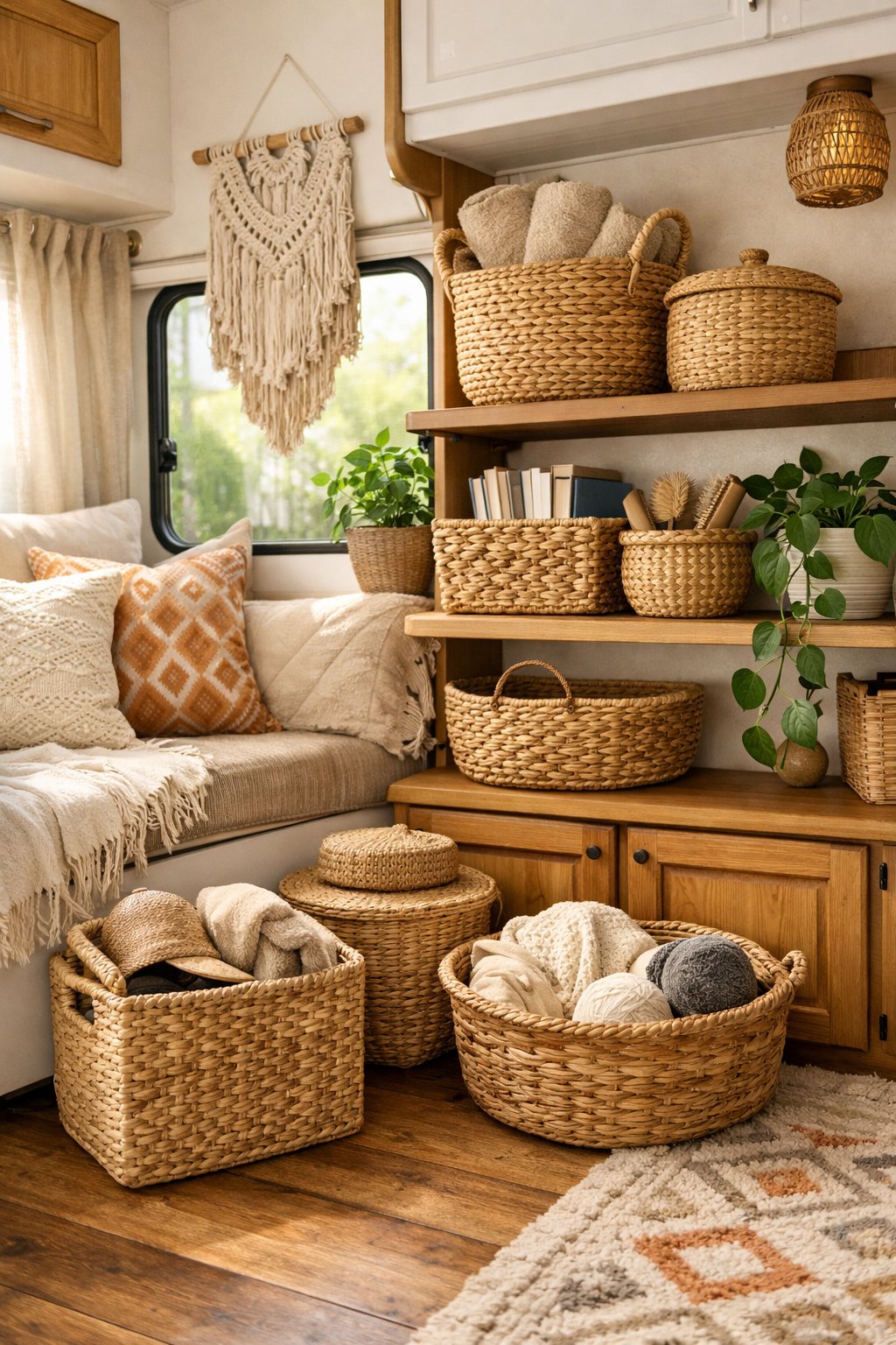 Interior of a cozy RV with woven baskets used for storage, surrounded by plants and soft textiles.
