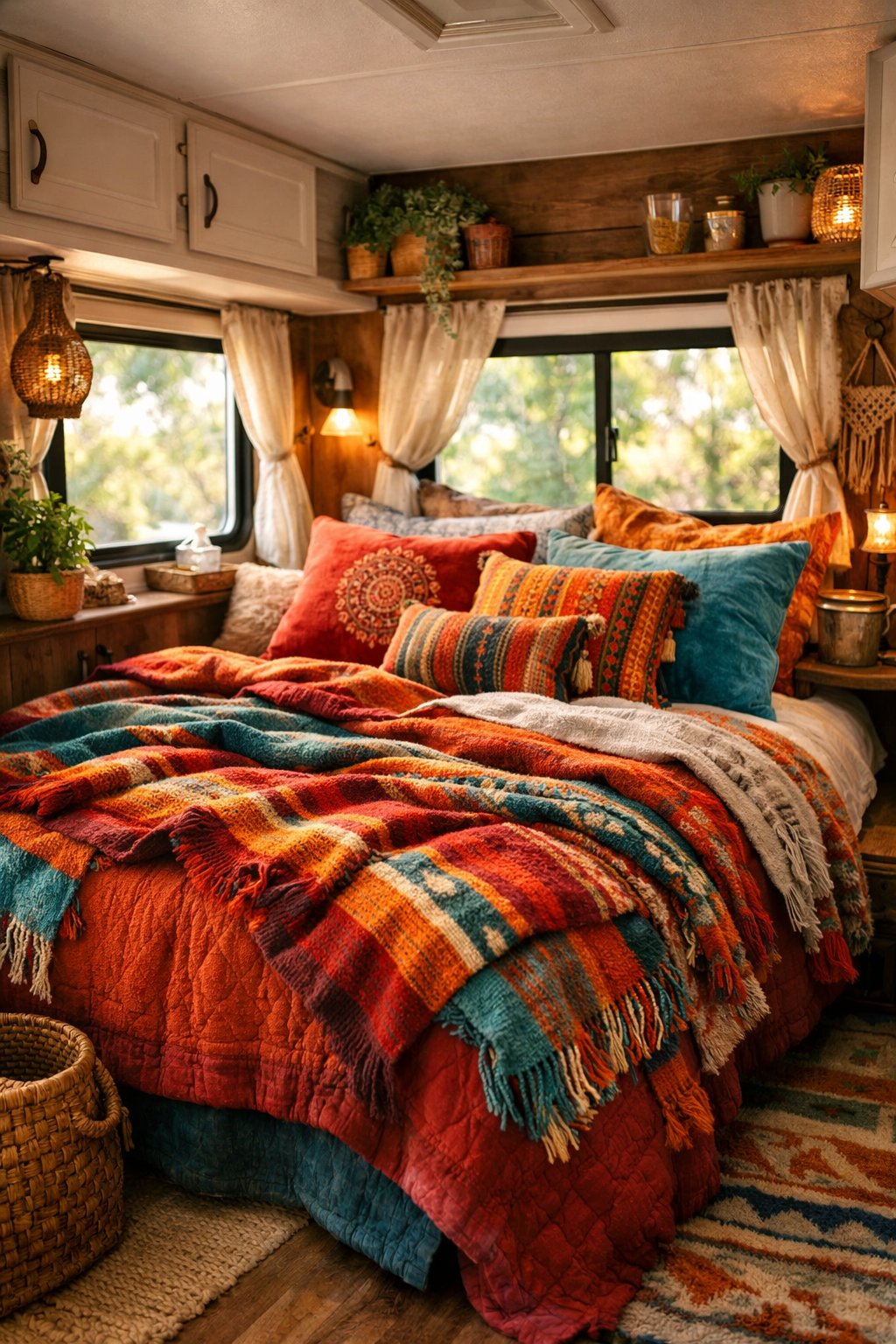 Cozy RV interior with a bed covered in colorful layered blankets and pillows, surrounded by plants and wooden decorations.