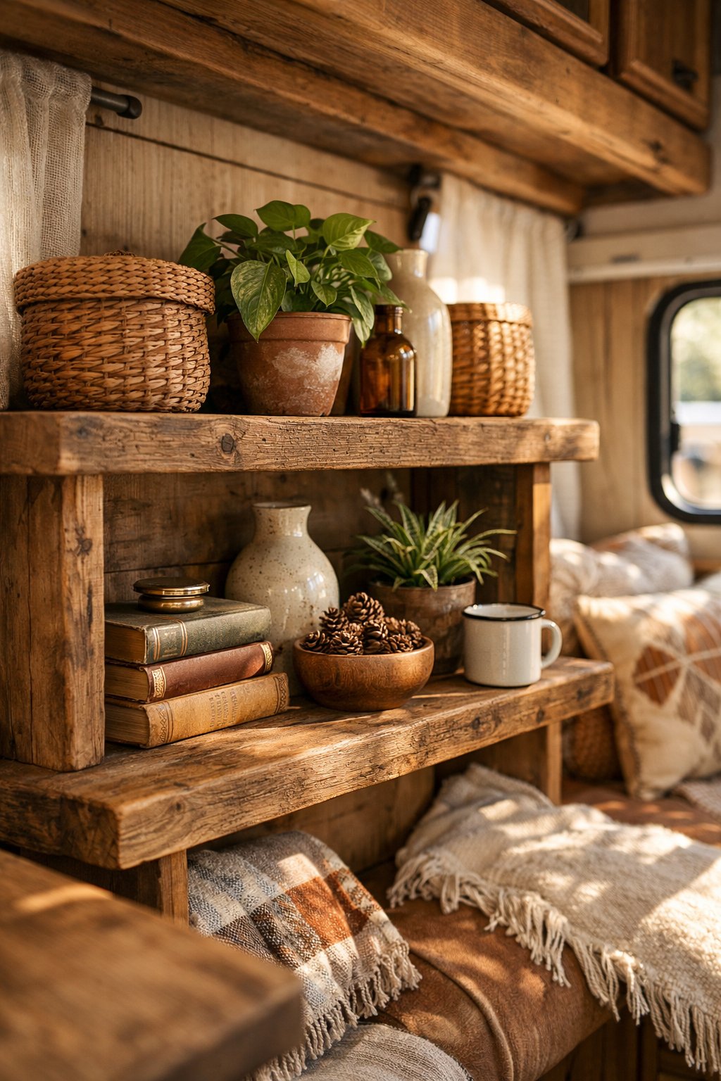 Rustic wooden shelves inside an RV holding plants, baskets, vases, and books with soft natural light coming through a window.