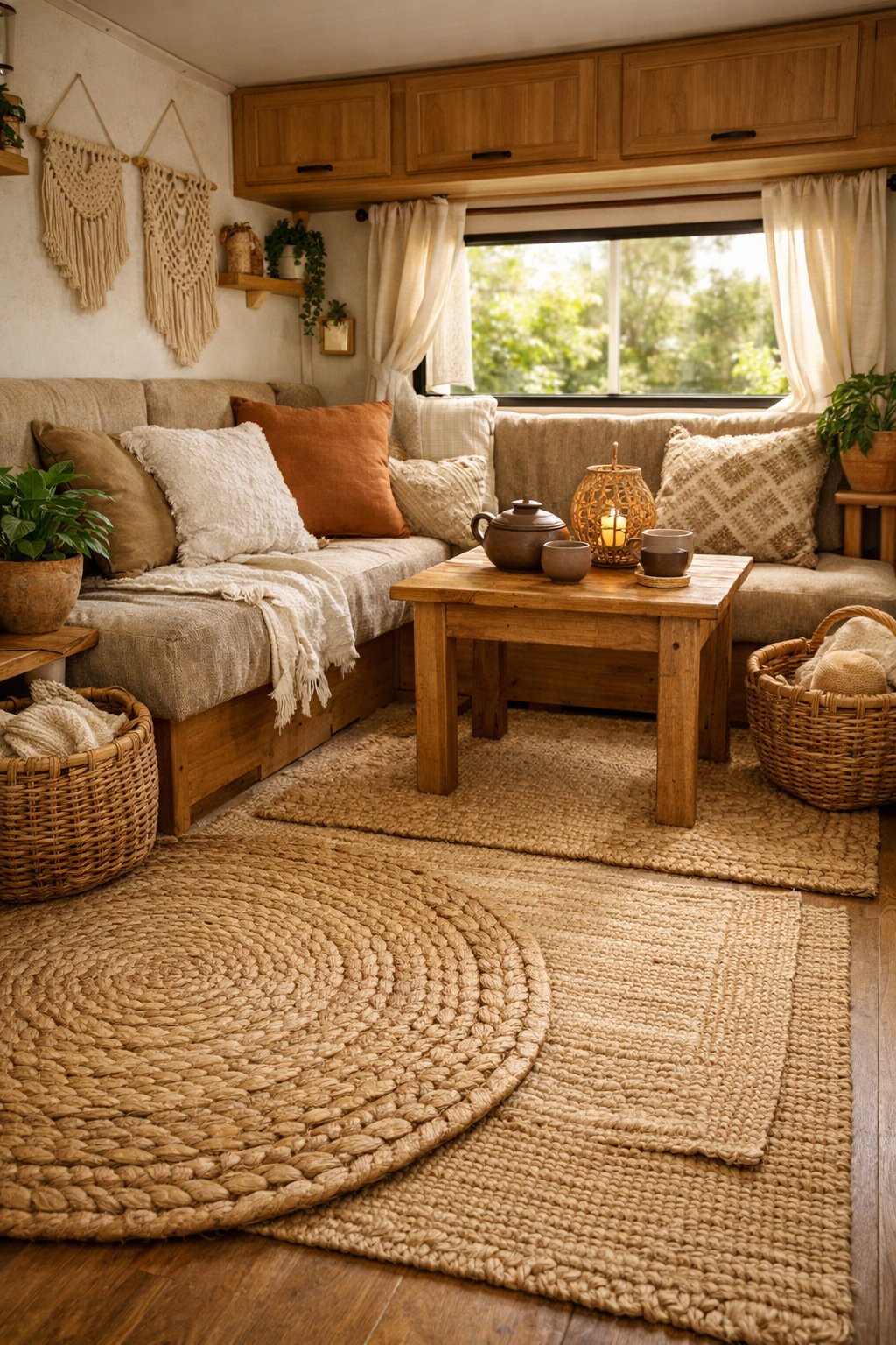 Interior of an RV featuring natural jute rugs on the floor, wooden furniture, plants, and cozy seating illuminated by natural light.