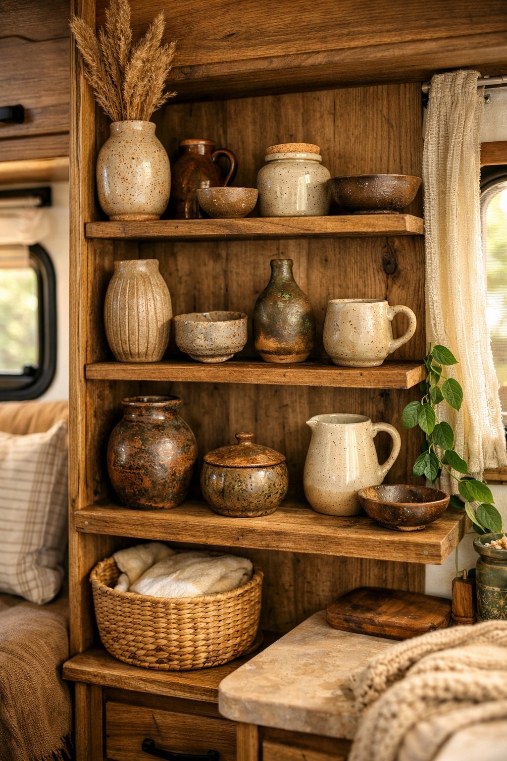 Open shelving inside an RV displaying pottery and decorative items with natural light coming through a window.
