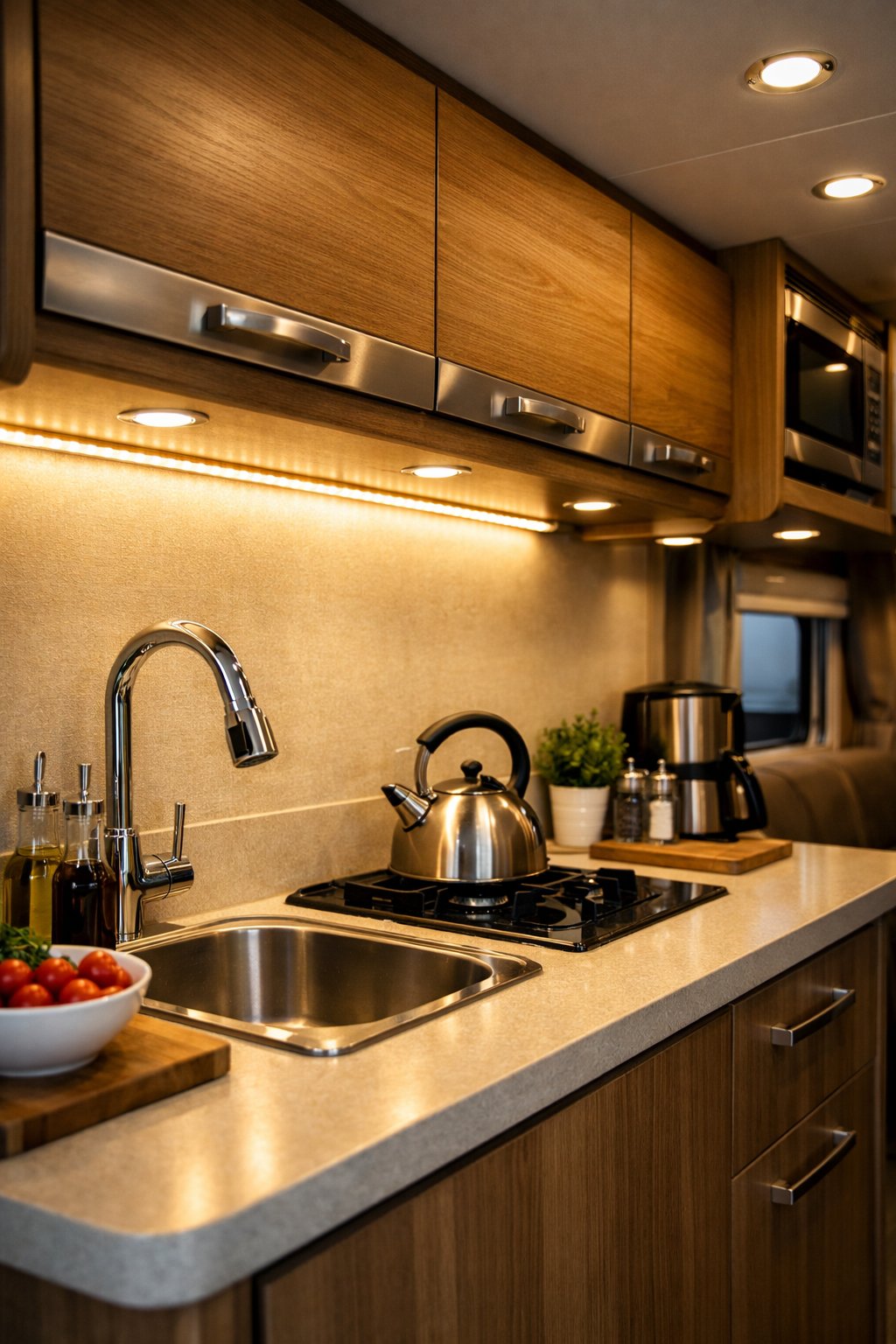 Interior of an RV kitchen with LED strip lights installed under the cabinets, illuminating the countertop.