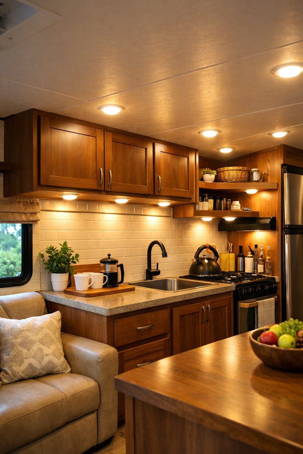 Interior of an RV kitchen and living area lit by small battery-operated puck lights under cabinets and shelves.