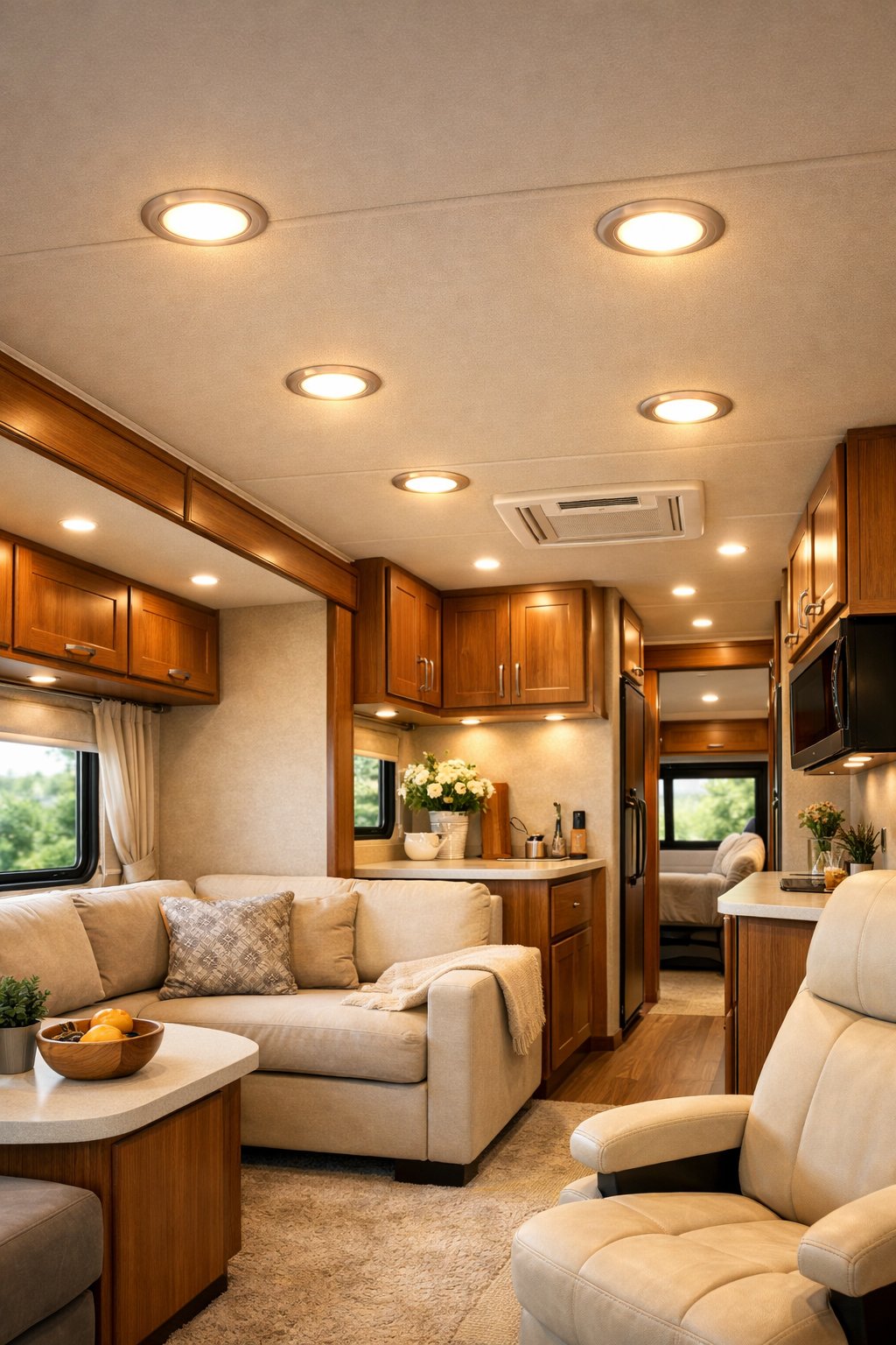 Interior of an RV with dimmable ceiling lights illuminating a cozy living area with seating and cabinetry.