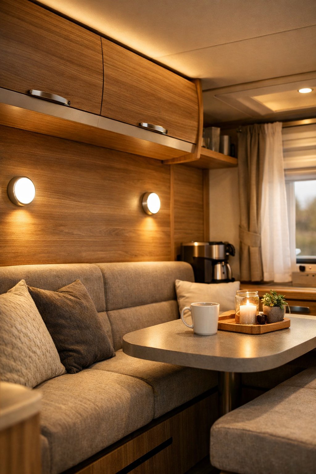 Interior of an RV with warm touch-activated wall lights illuminating a cozy living area.