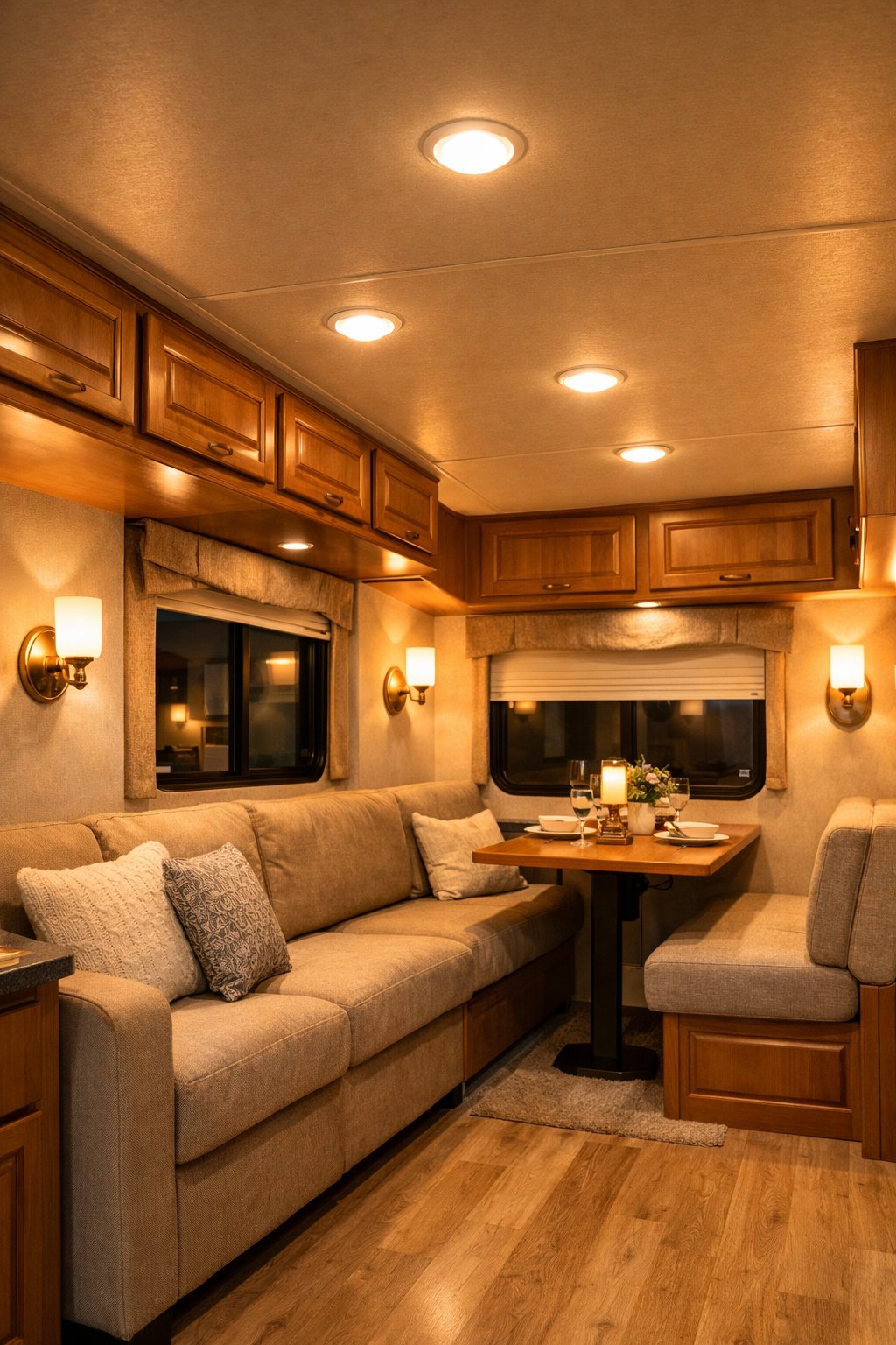 Interior of an RV with warm white lights illuminating a cozy living area with seating and wooden cabinets.