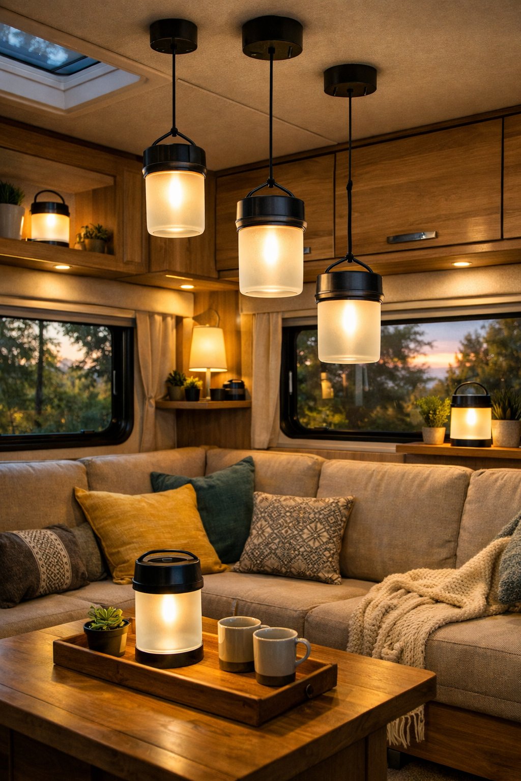 Interior of an RV lit by solar-powered lanterns, showing a cozy seating area with warm lighting and wooden accents.
