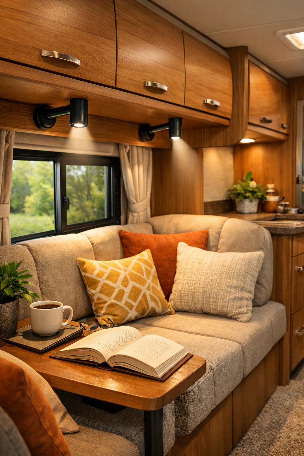 Interior of an RV with a cozy reading nook lit by rechargeable reading lights above a comfortable seat next to a small table with a book and coffee cup.