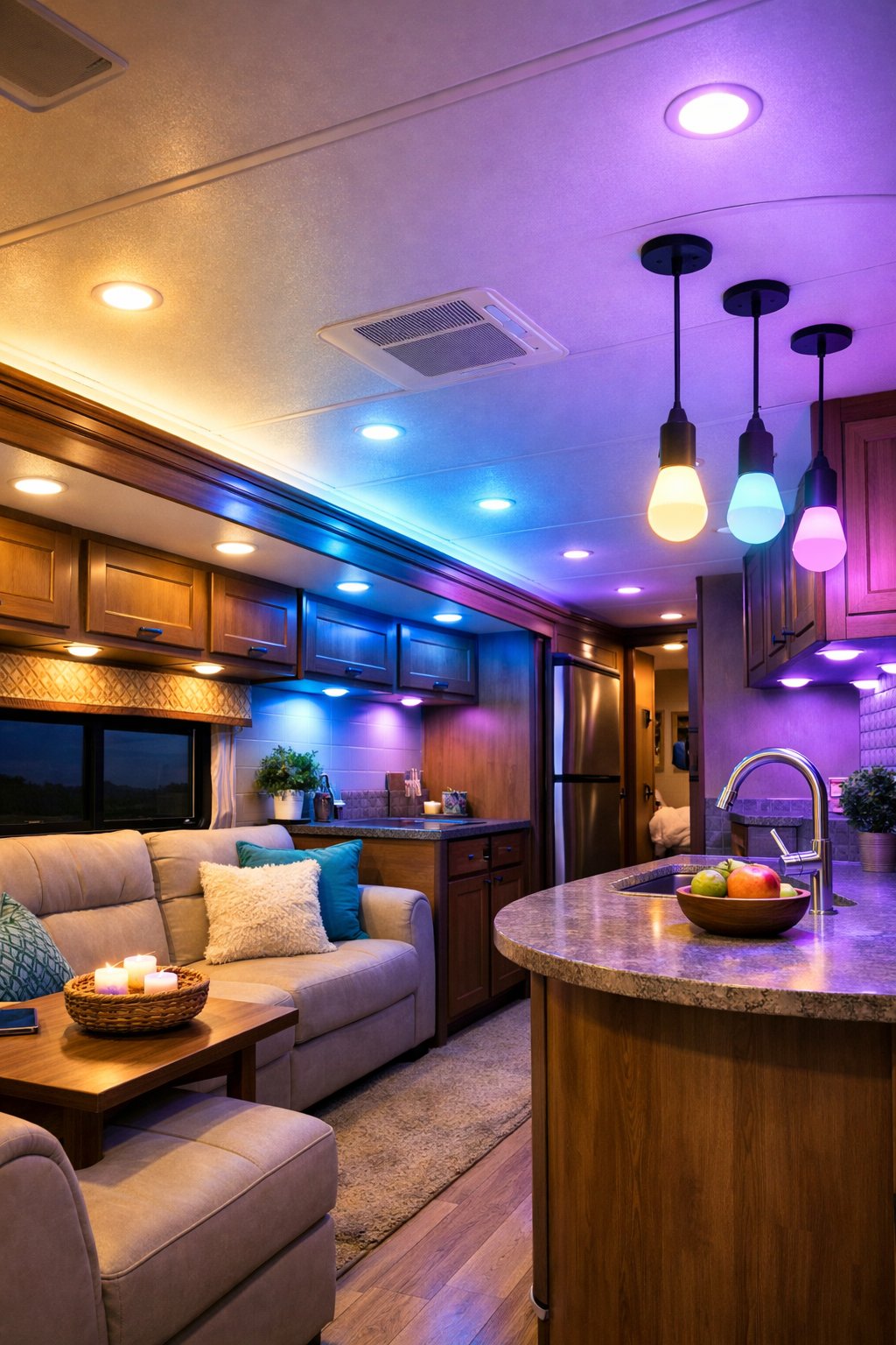 Interior of an RV with color-changing LED lights illuminating the living and kitchen areas in various colors.