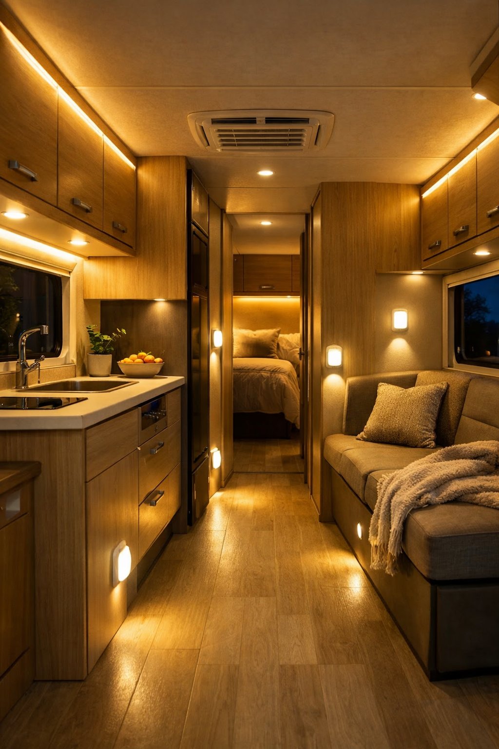 Interior of a modern RV at night illuminated by various motion sensor night lights and LED lighting, showing a cozy and well-lit living space.