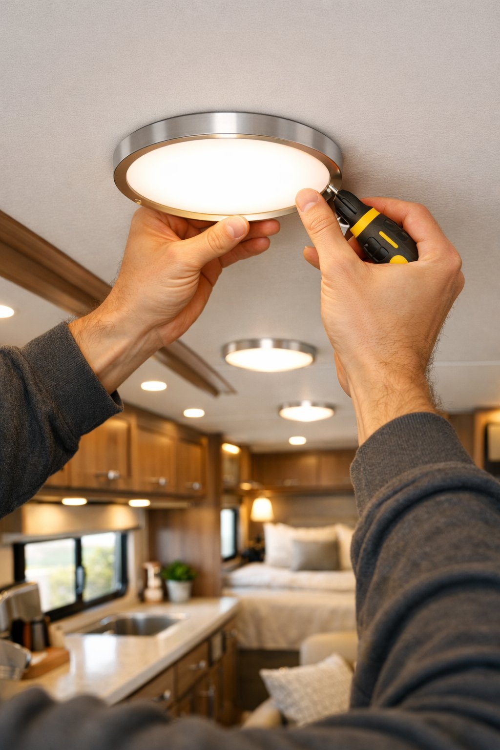 Person installing overhead dome lights inside a well-lit recreational vehicle interior.