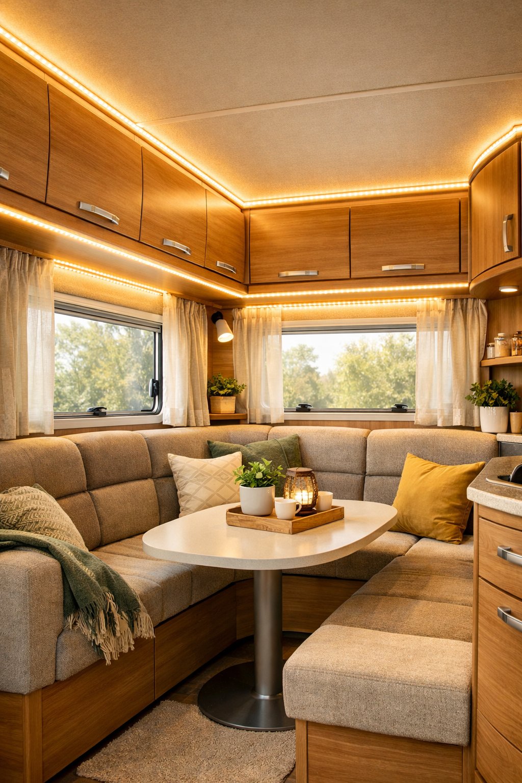Interior of an RV with warm LED rope lights installed along the ceiling and under cabinets, creating a cozy and well-lit space.