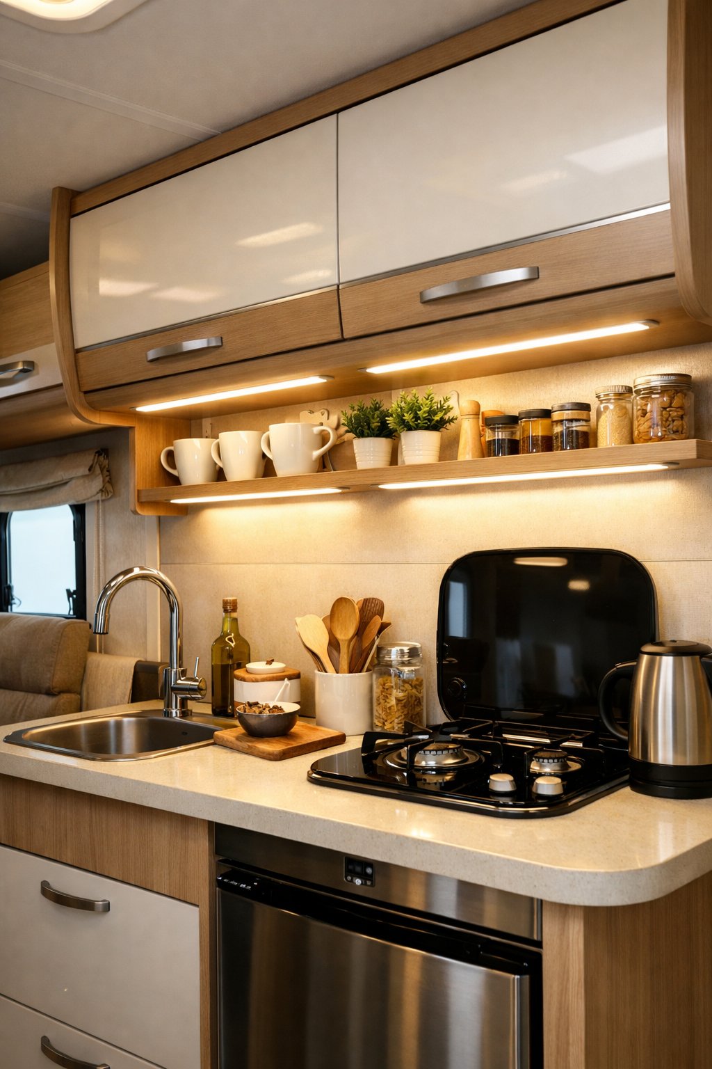Interior of an RV kitchen with under-shelf LED lights illuminating the countertop and shelves.