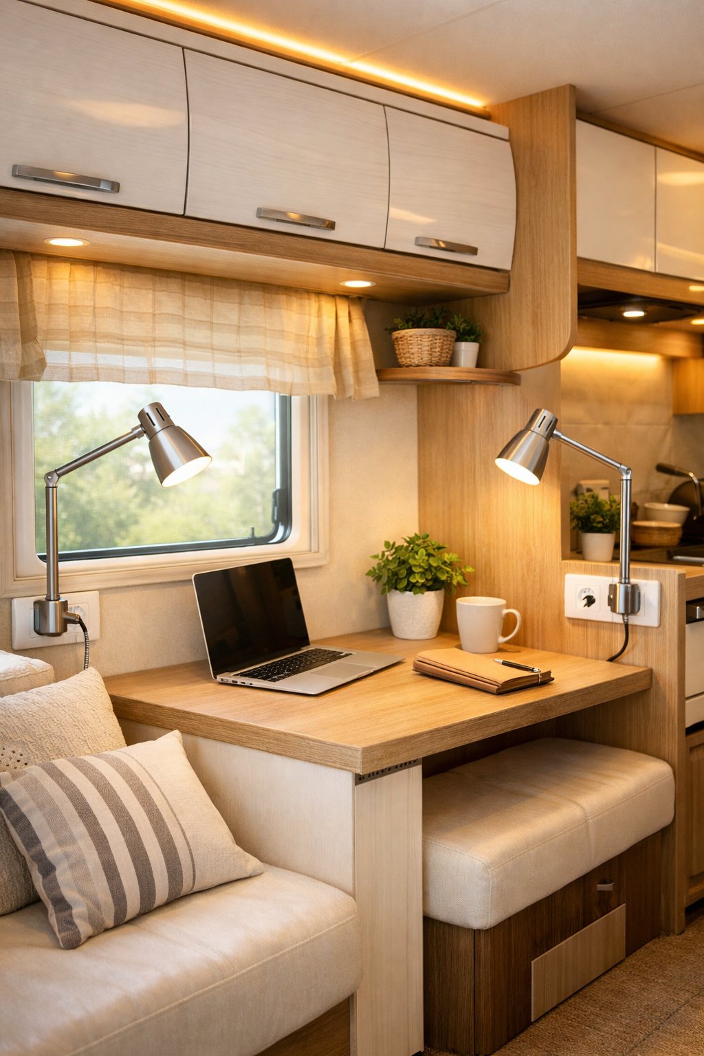 Interior of an RV with plug-in LED desk lamps illuminating a small workspace and seating area.