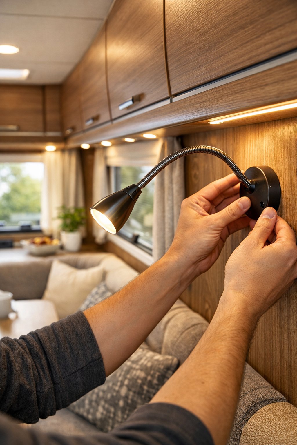 Hands adjusting a flexible gooseneck lamp inside a bright and cozy RV living area.