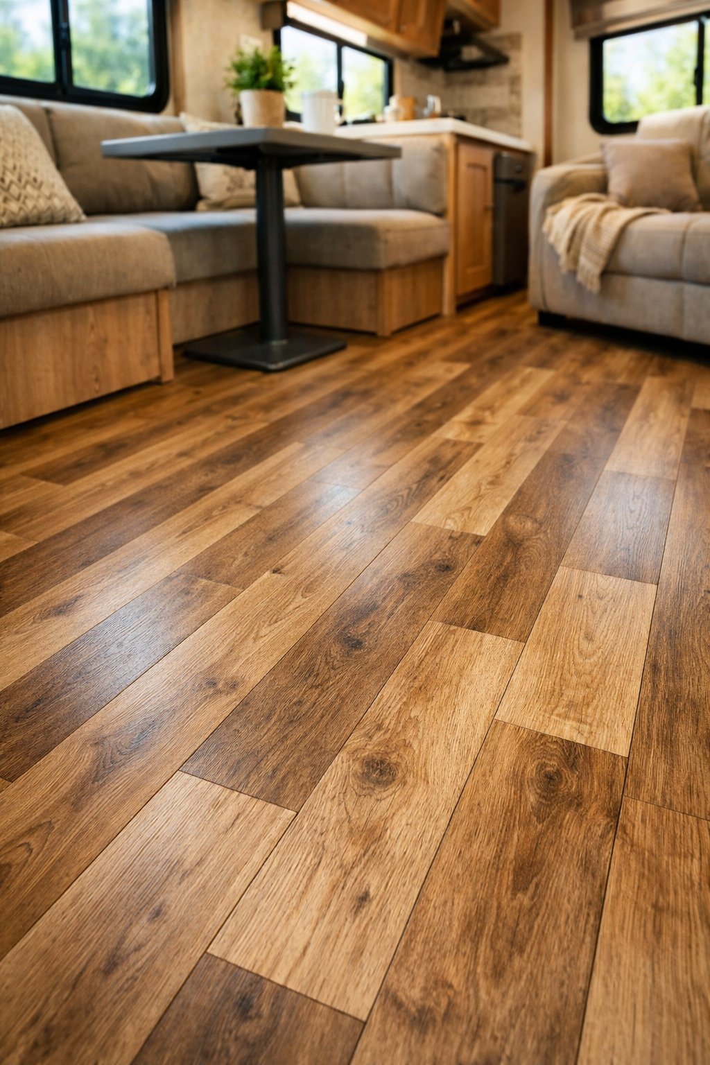 Close-up of a newly installed peel-and-stick vinyl plank floor inside an RV with a small table and seating area in the background.