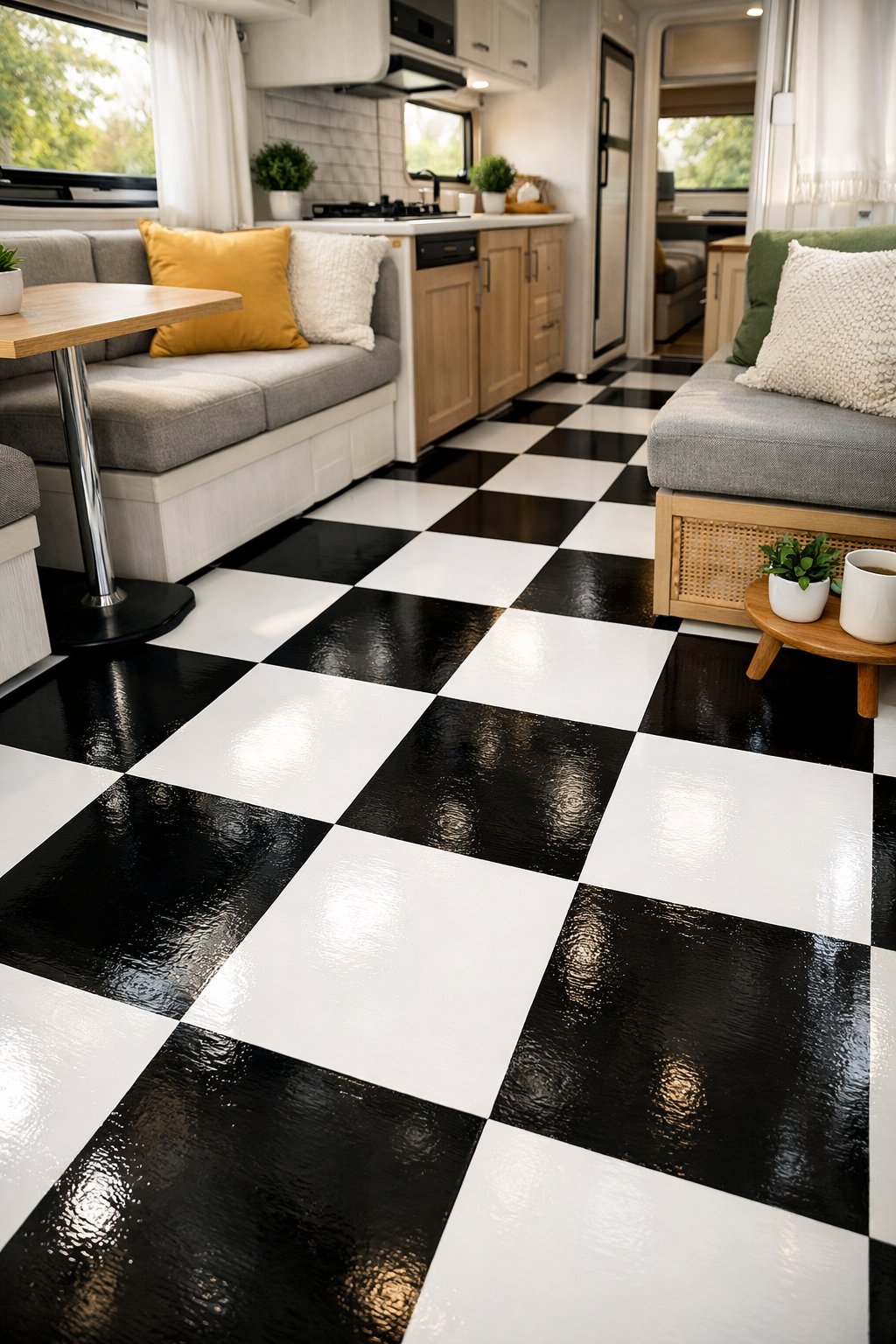 Interior of an RV showing a freshly painted black and white checkerboard floor with furniture and natural light.