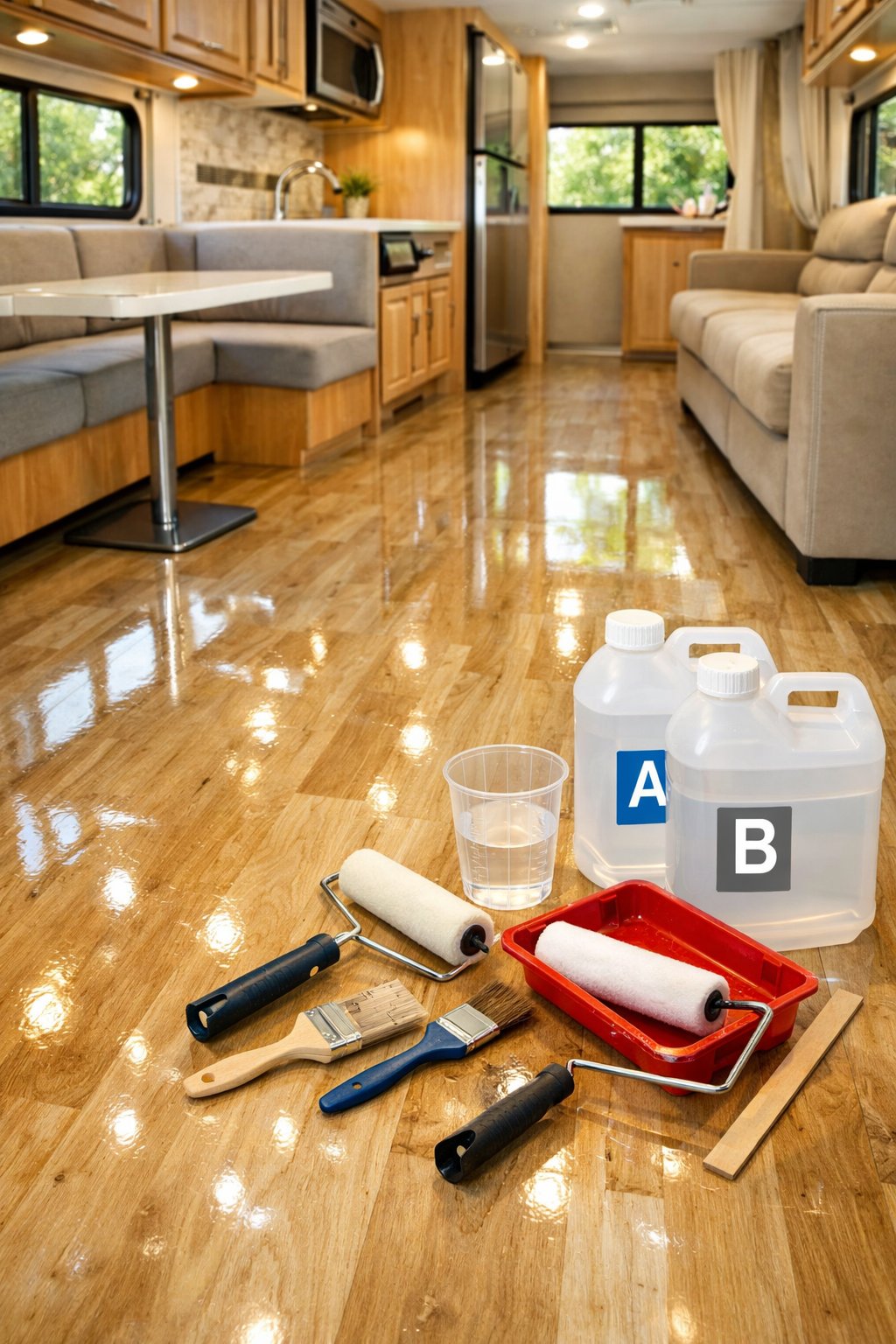 Interior of an RV with a newly finished shiny epoxy resin floor and some DIY tools nearby.