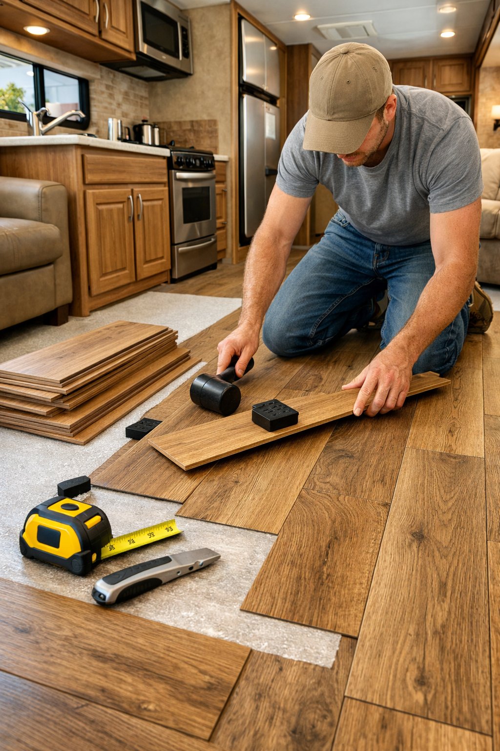 Person installing laminate plank flooring inside an RV living area with tools and materials around.