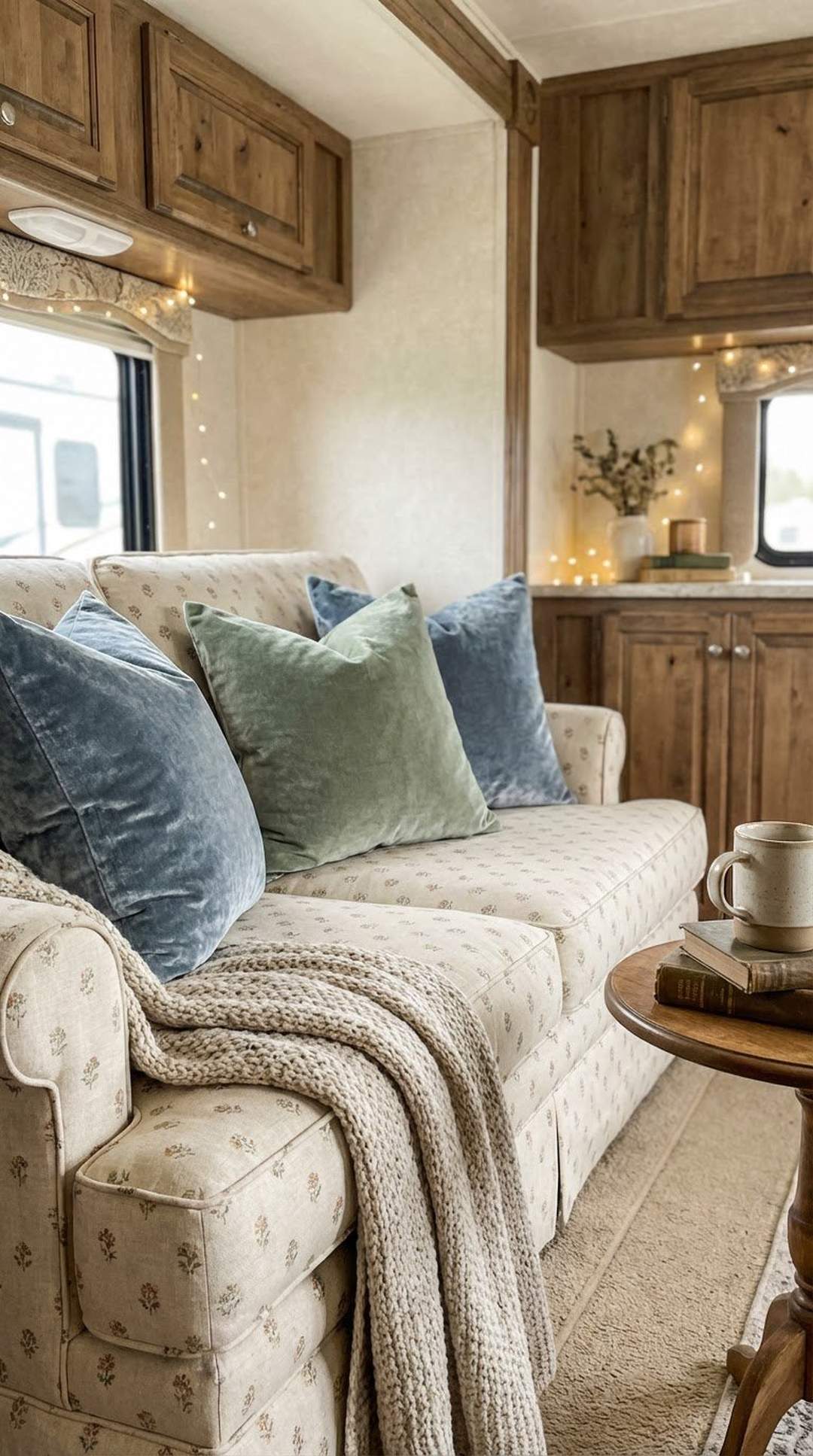 Velvet throw pillows in dusty blue and sage green colors