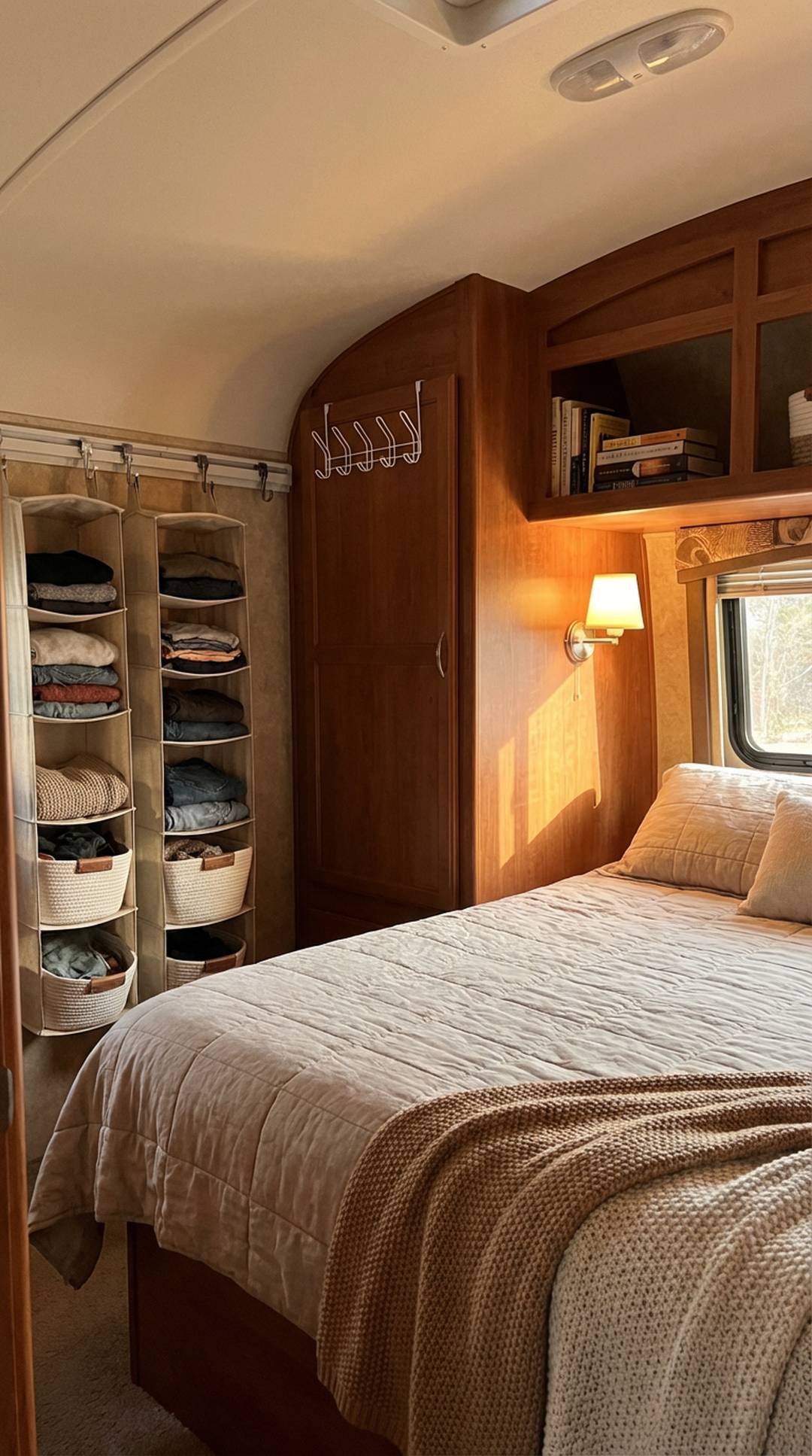 Vertical storage in RV bedroom