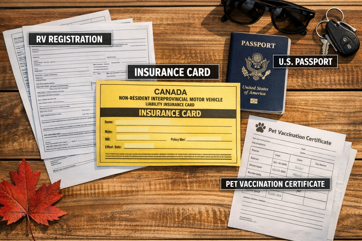 Detailed () flat-lay overhead shot of an RV dashboard with key documents spread out: a yellow Canada Non-Resident