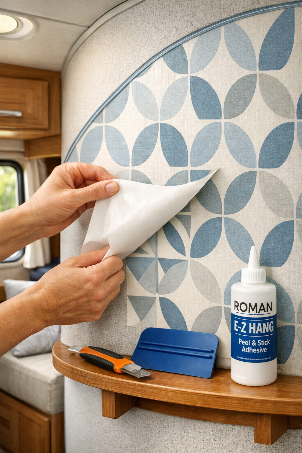 () Pinterest-style editorial image showing close-up hands carefully applying peel-and-stick wallpaper to an RV interior