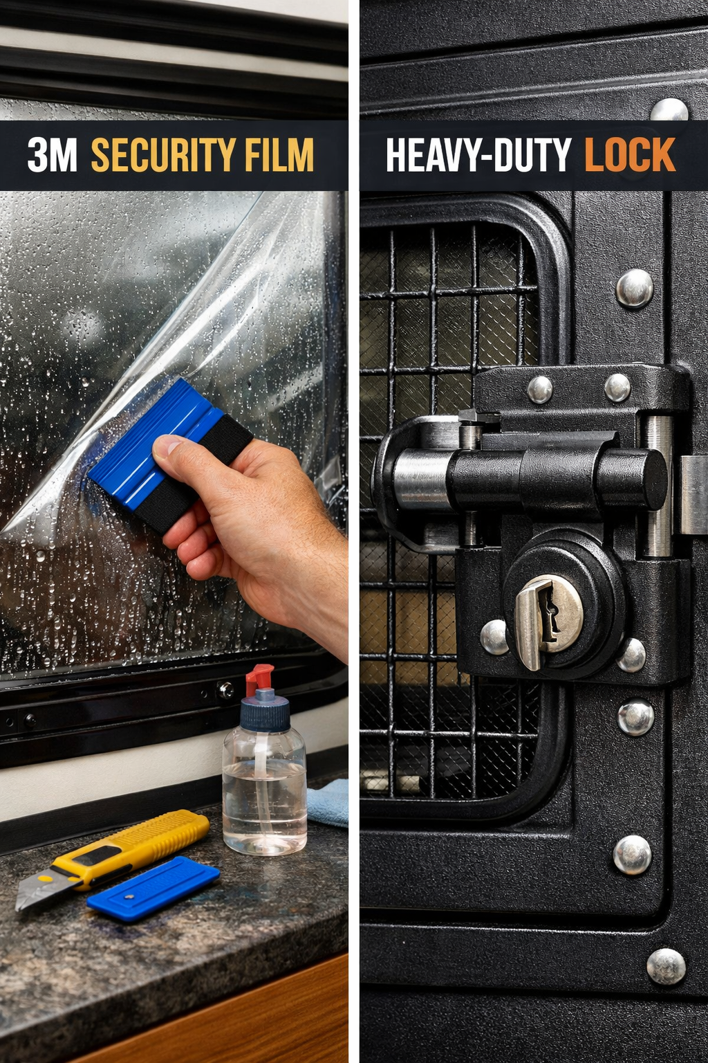 Portrait/Pinterest format () close-up editorial image showing a side-by-side comparison of RV window security methods: left