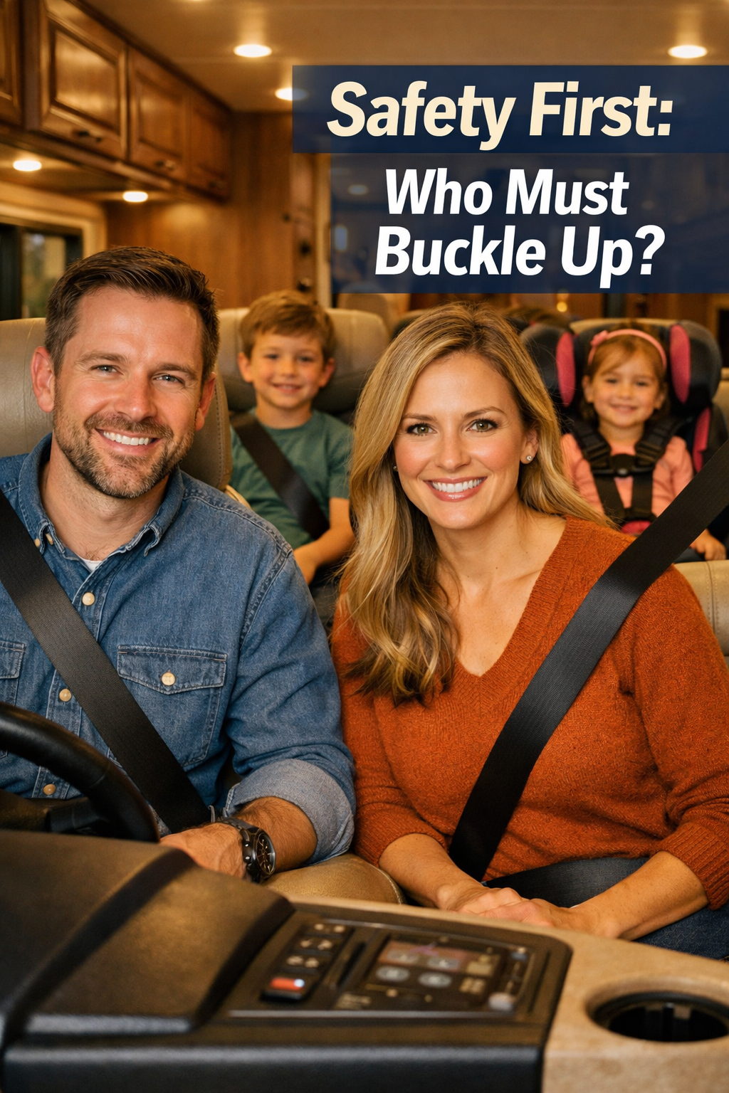 Portrait/Pinterest format () close-up editorial photo inside a Class A motorhome cabin showing a family of four seated in