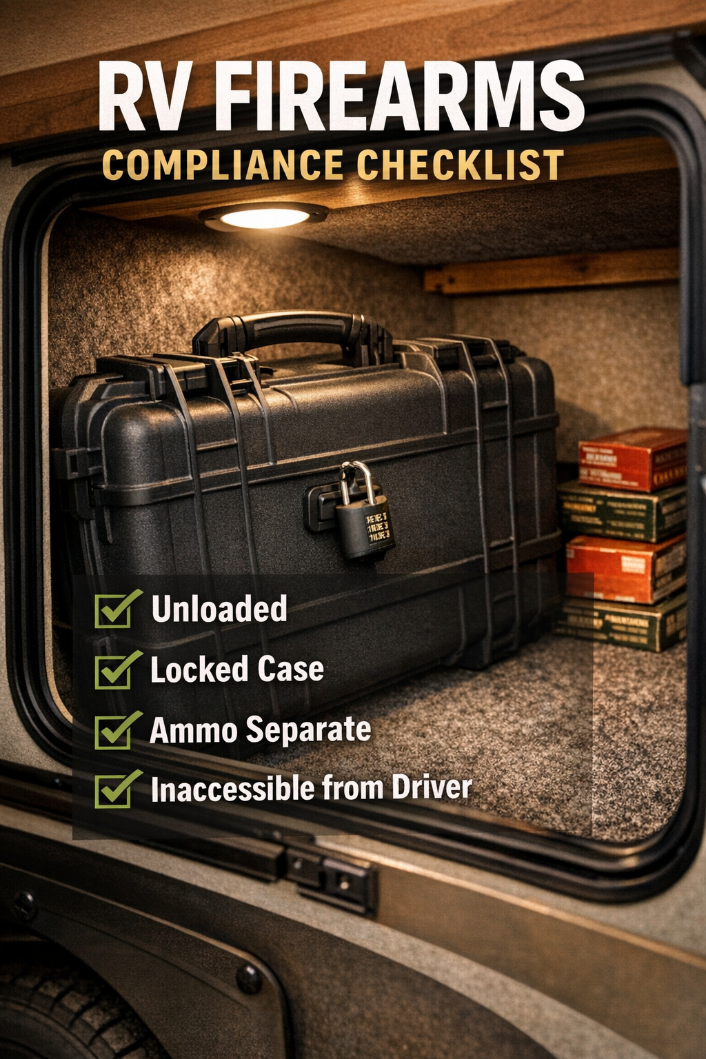 Portrait/Pinterest format () close-up editorial photo of a locked hard-shell firearm storage case secured inside an RV