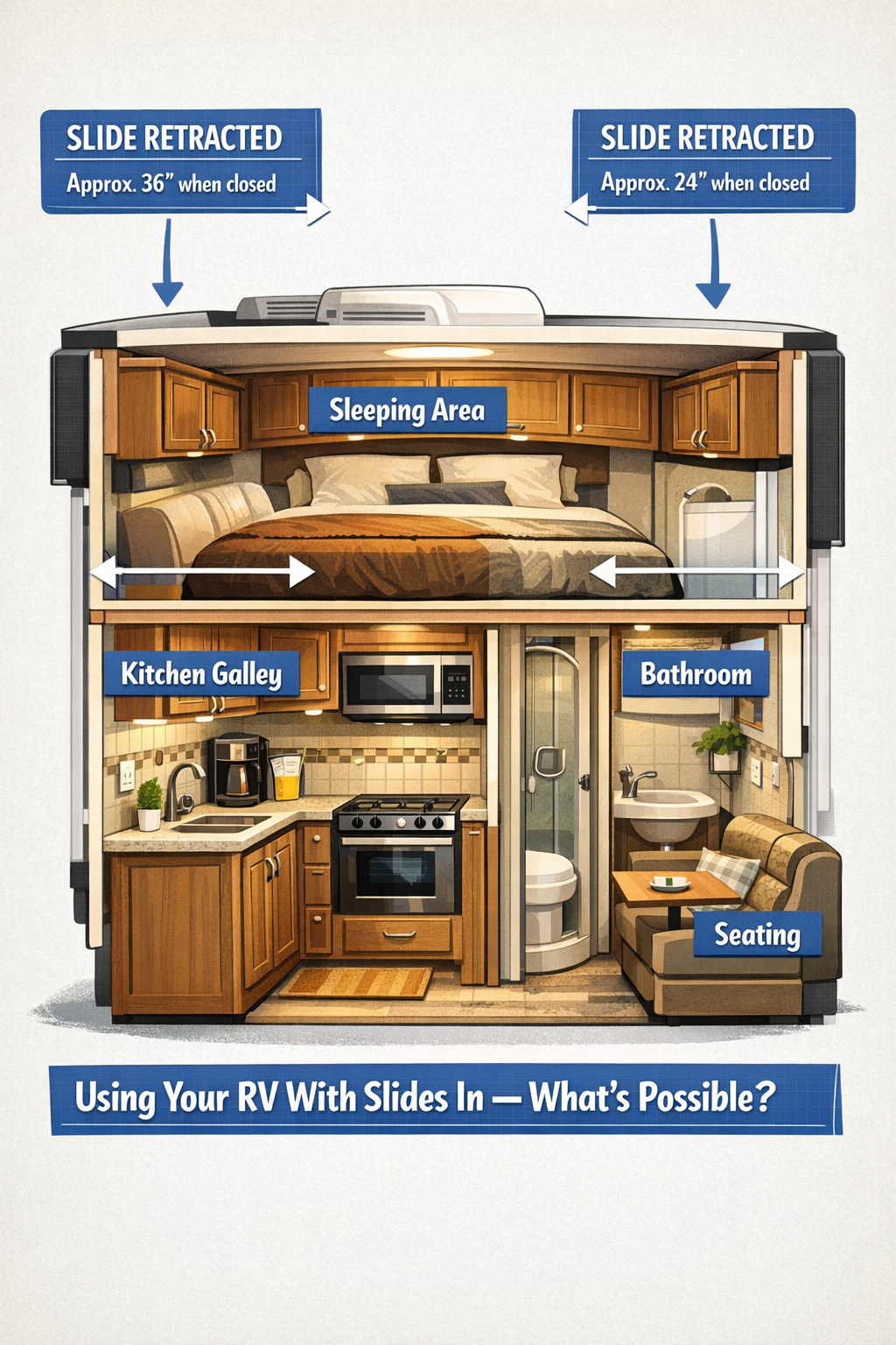 Portrait/Pinterest format () detailed illustration showing a cross-section cutaway diagram of a modern RV interior with