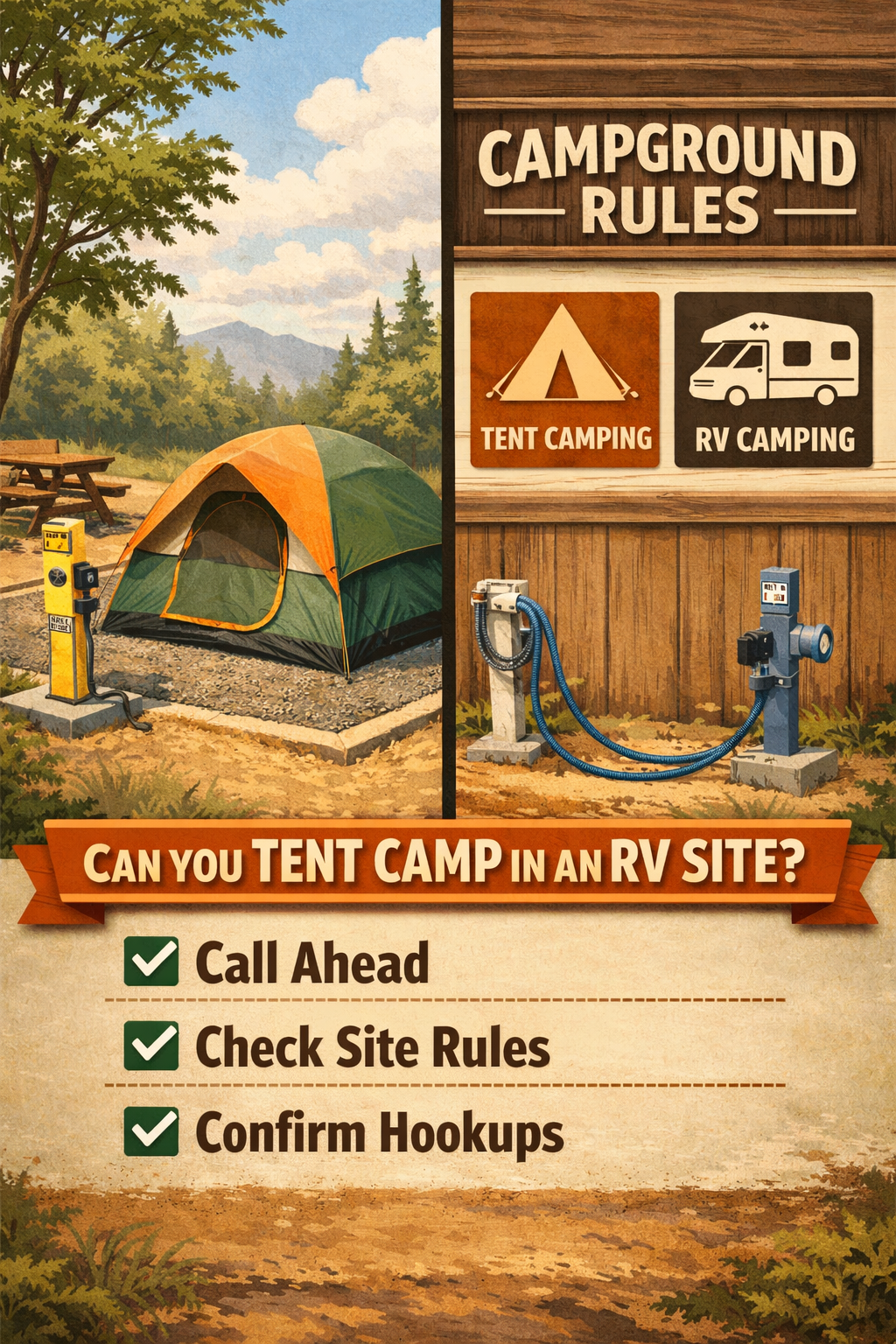 Portrait/Pinterest format () detailed illustration showing a split-scene campground layout: left half depicts a traditional