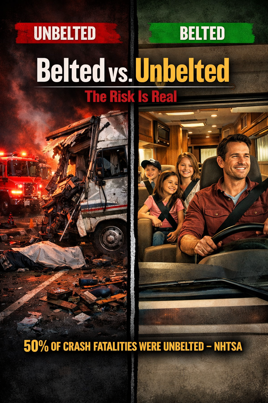 Portrait/Pinterest format () dramatic split-scene image: left side shows an RV crash scene with emergency vehicles and